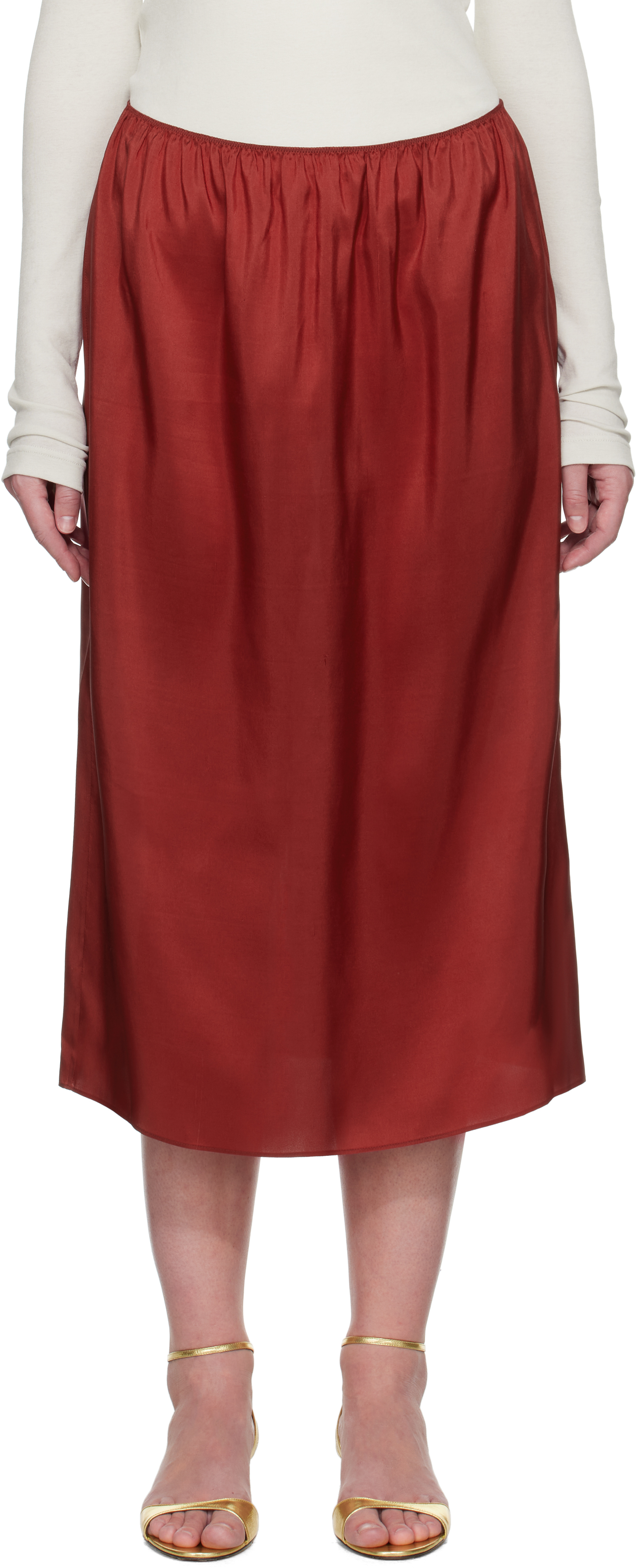 Shop Carven Red Pull-on Silk Toile Midi Skirt In Ruby