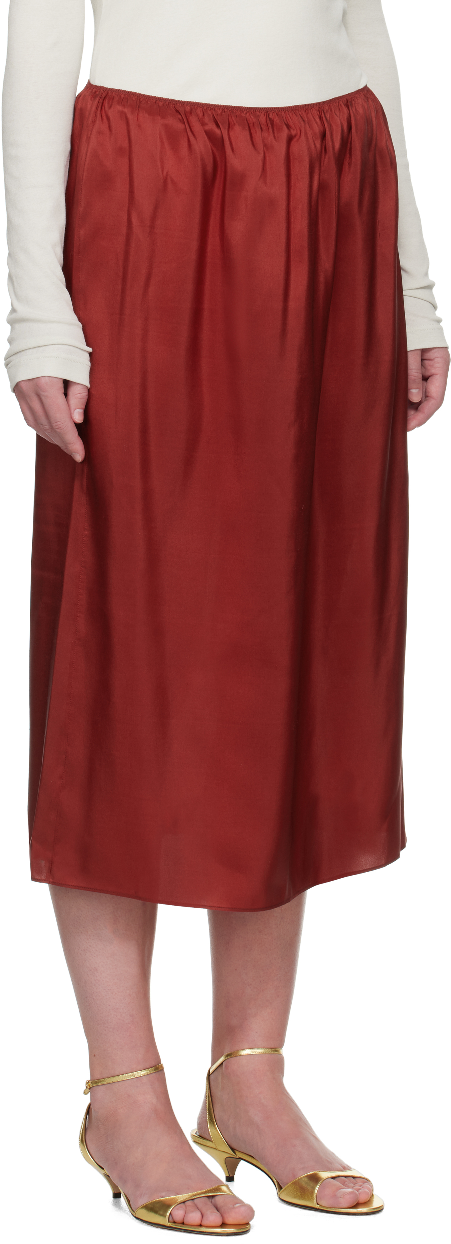 Shop Carven Red Pull-on Silk Toile Midi Skirt In Ruby