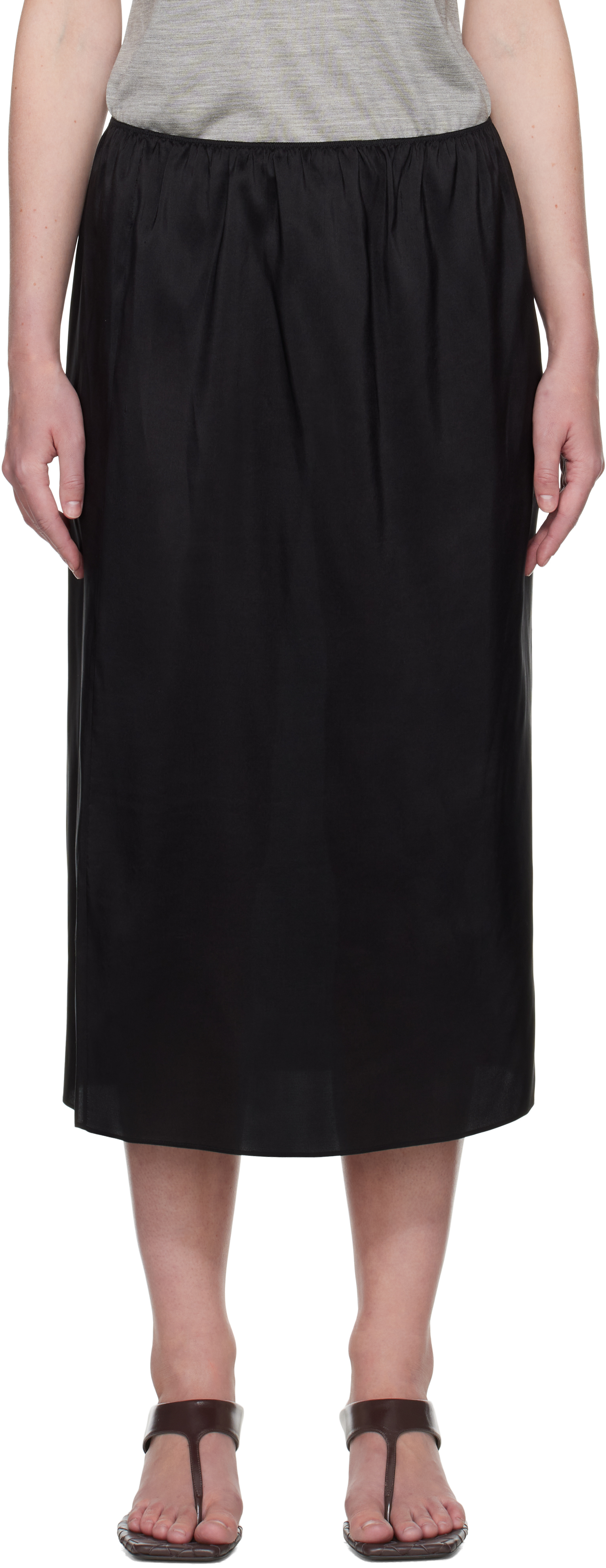CARVEN BLACK PULL-ON SILK TOILE MIDI SKIRT