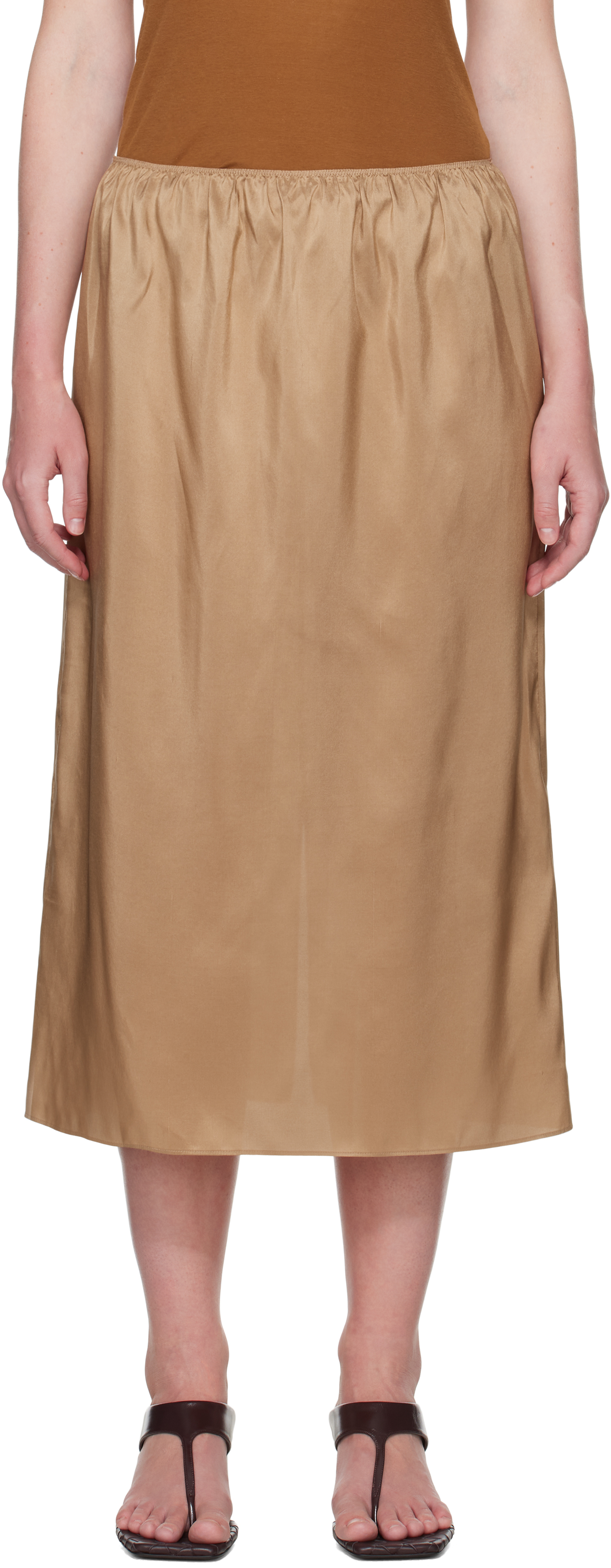 CARVEN BEIGE PULL-ON SILK TOILE MIDI SKIRT