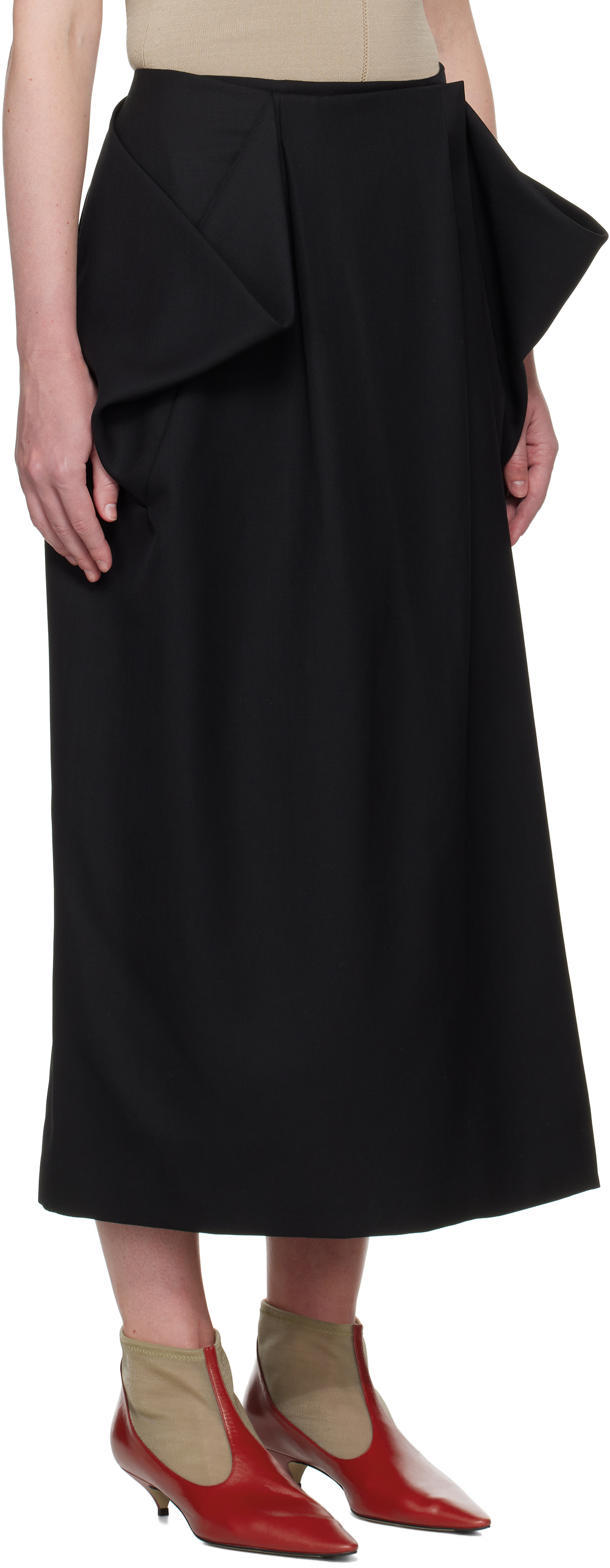 CARVEN BLACK WRAP GRAIN DE POUDRE MIDI SKIRT