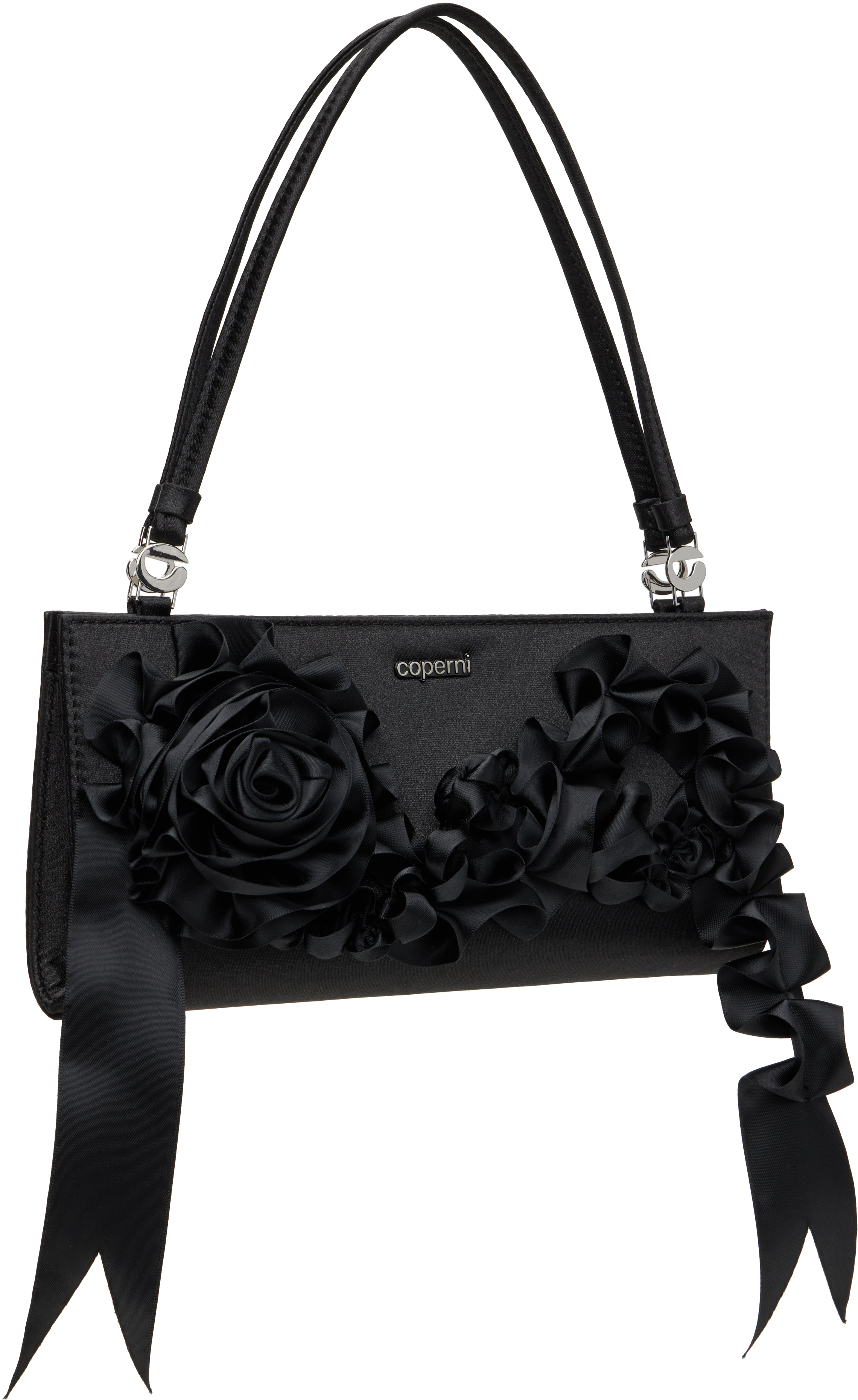 Shop Coperni Black Pleated Ribbon Satin Pochette Bag