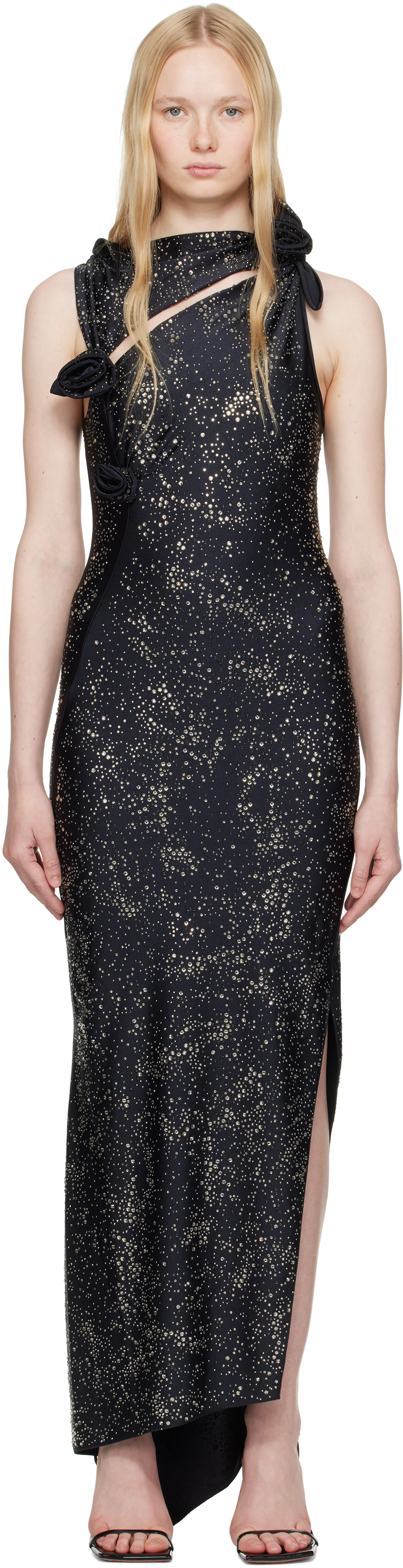 Black Crystal-Embellished Asymmetric Flower Maxi Dress