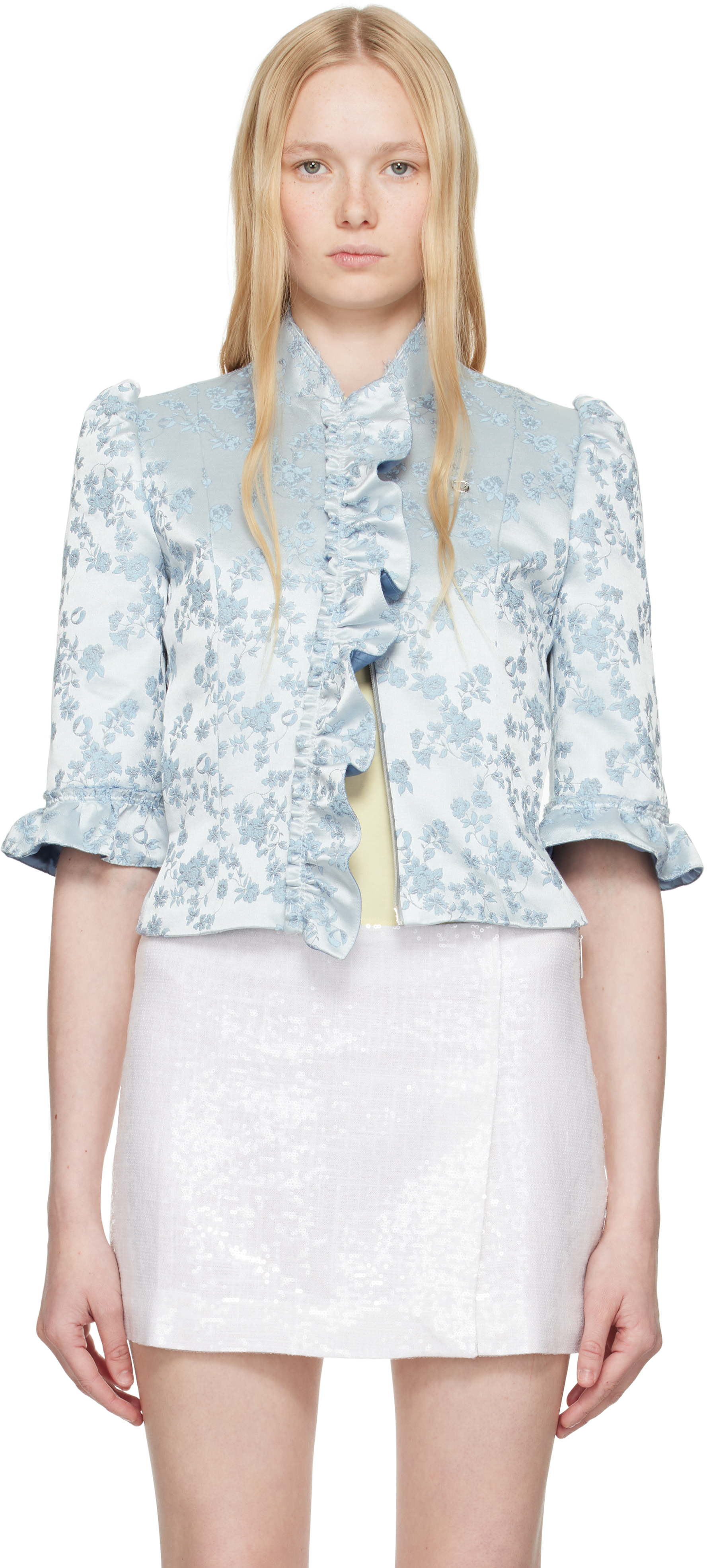 Blue Jacquard Slim-Fit Pleated Jacket