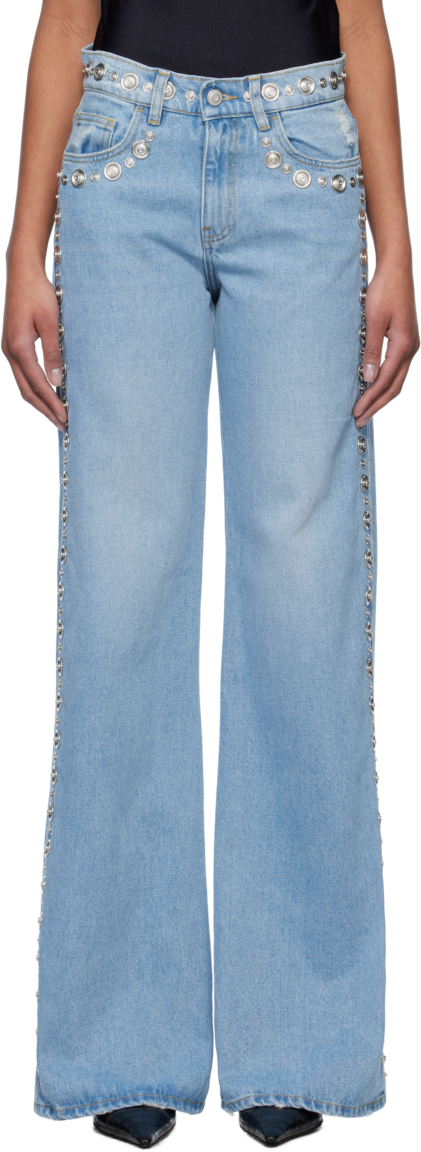 Blue Studded Wide Leg Jeans