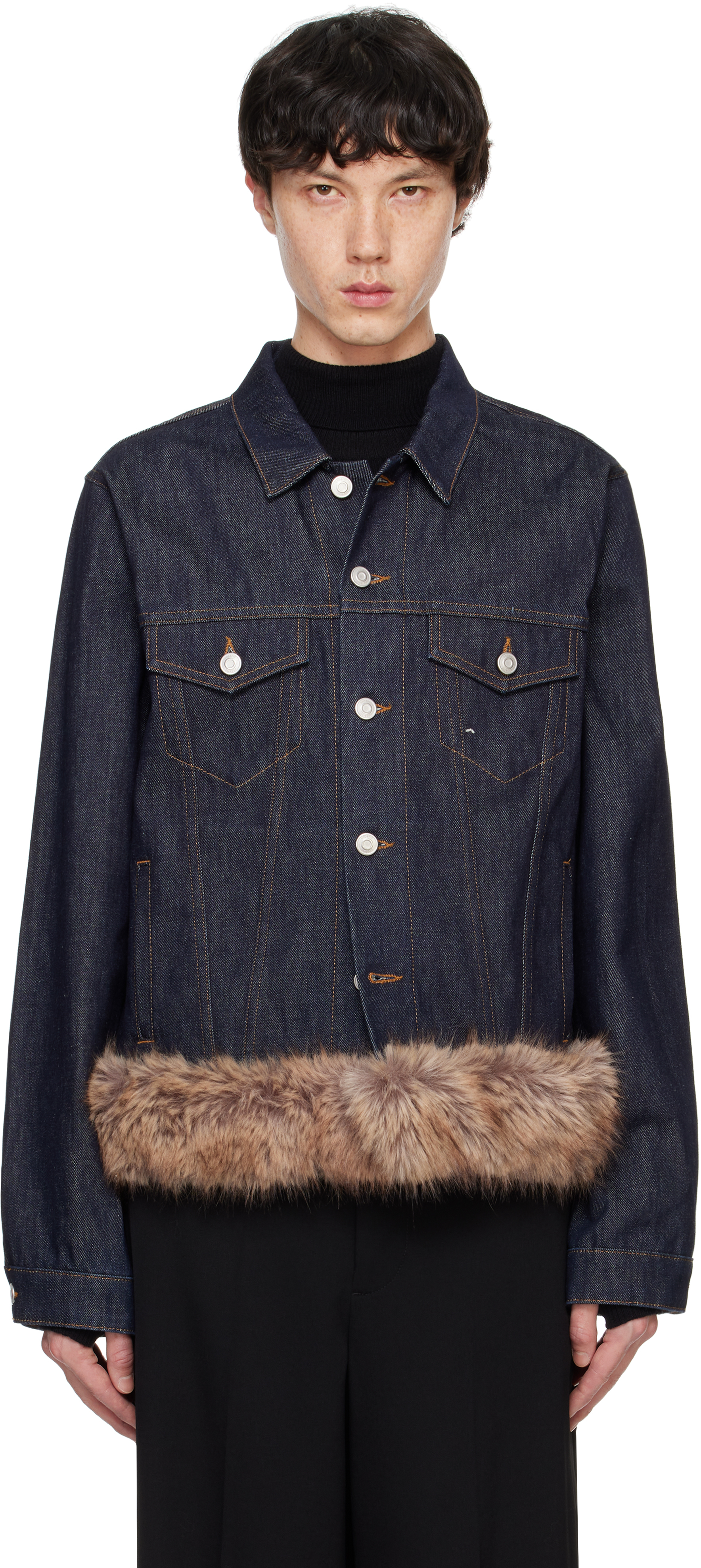 Blue Faux Fur Hem Denim Jacket