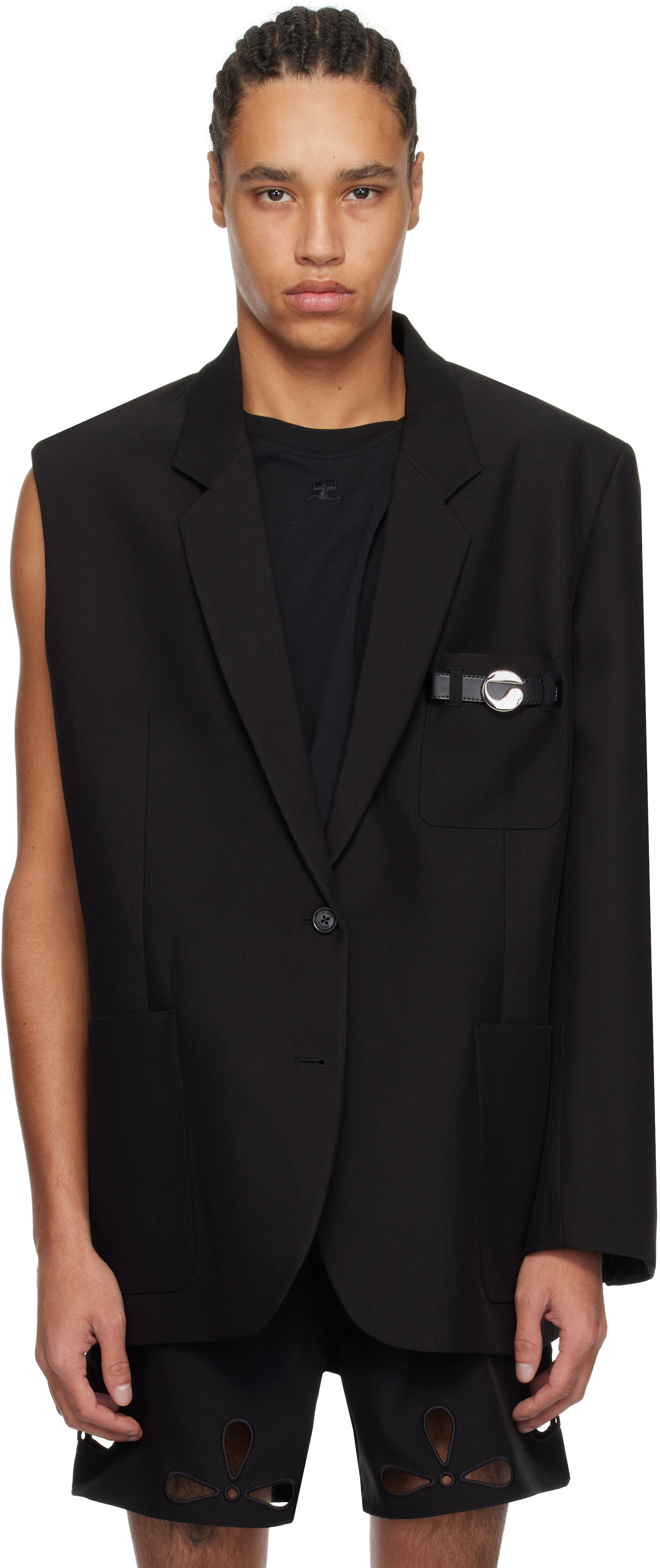 Black One-Arm Belted Pocket Tailored Blazer