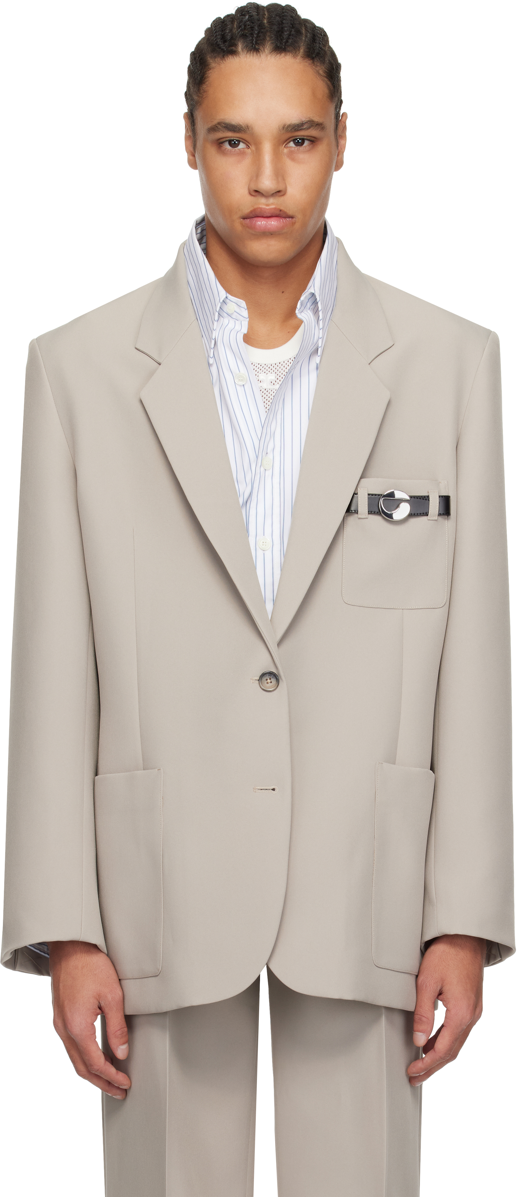 Beige Belted Pocket Tailored Blazer