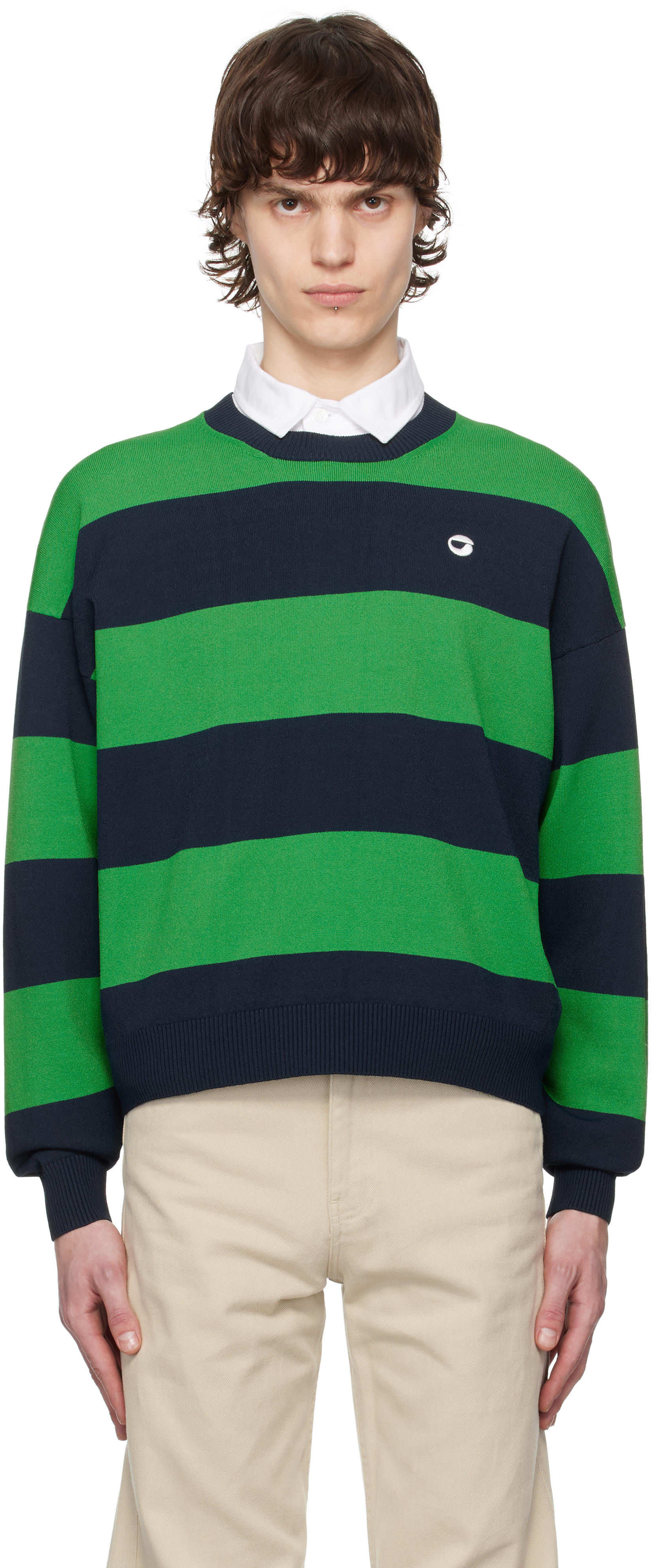 Green 
Navy Striped Crewneck Sweater