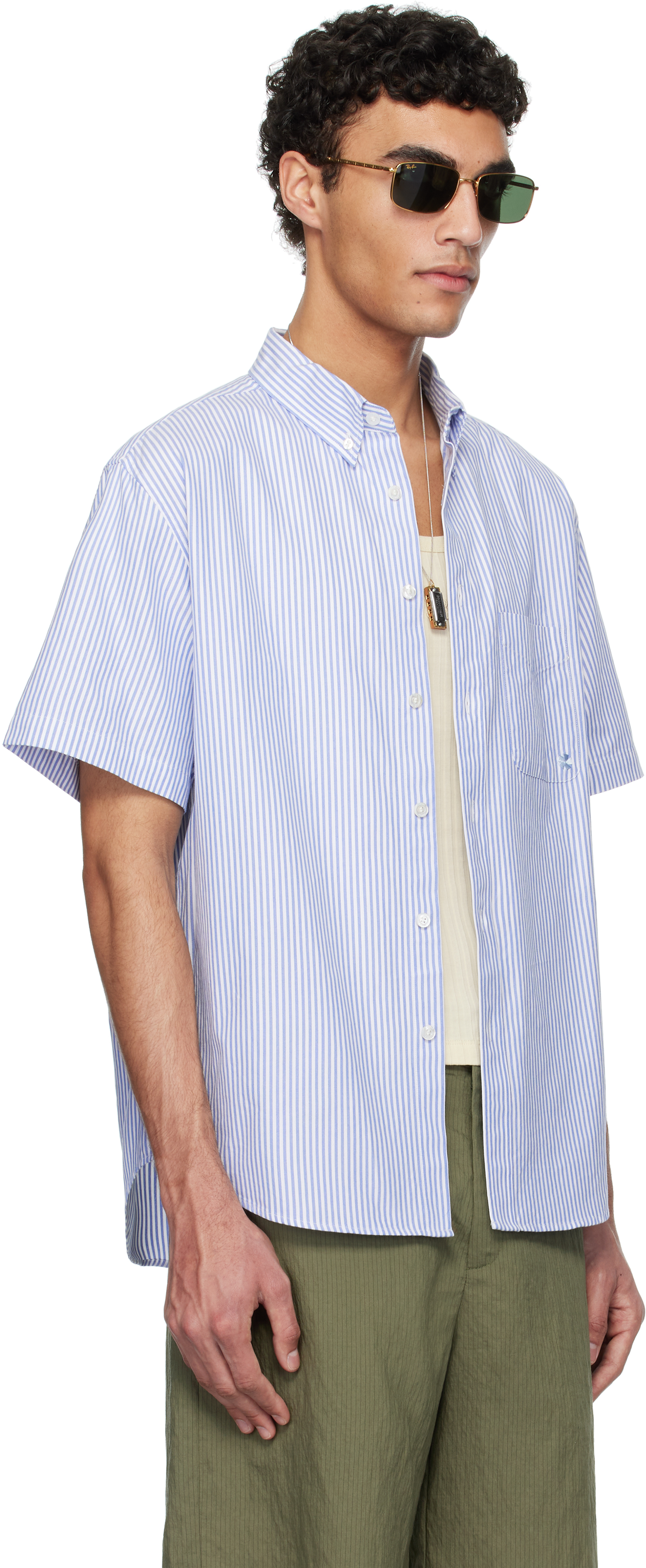 Vowels White & Blue Short Sleeve Button Down Shirt In #101 Blue Stripe