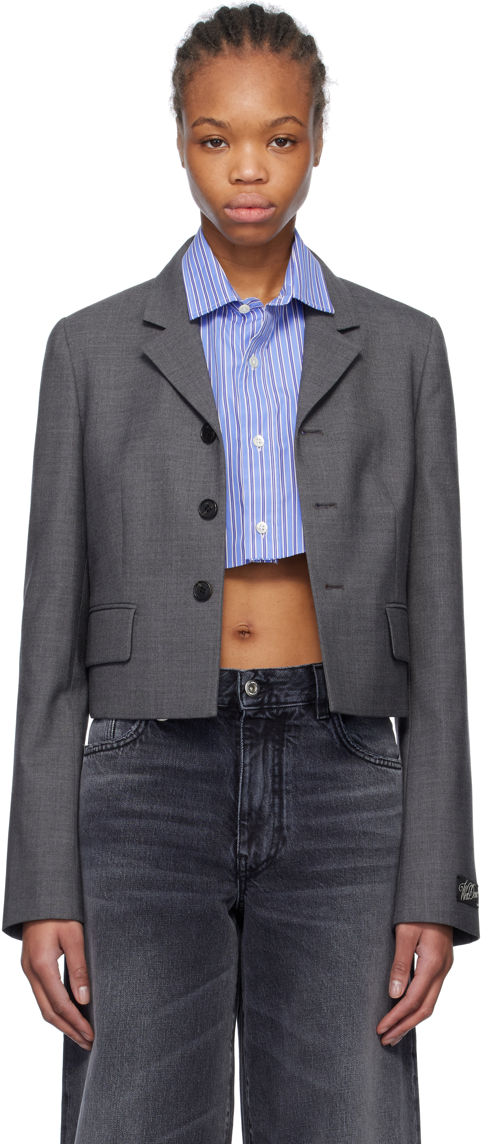 Gray Single-Breasted Crop Blazer