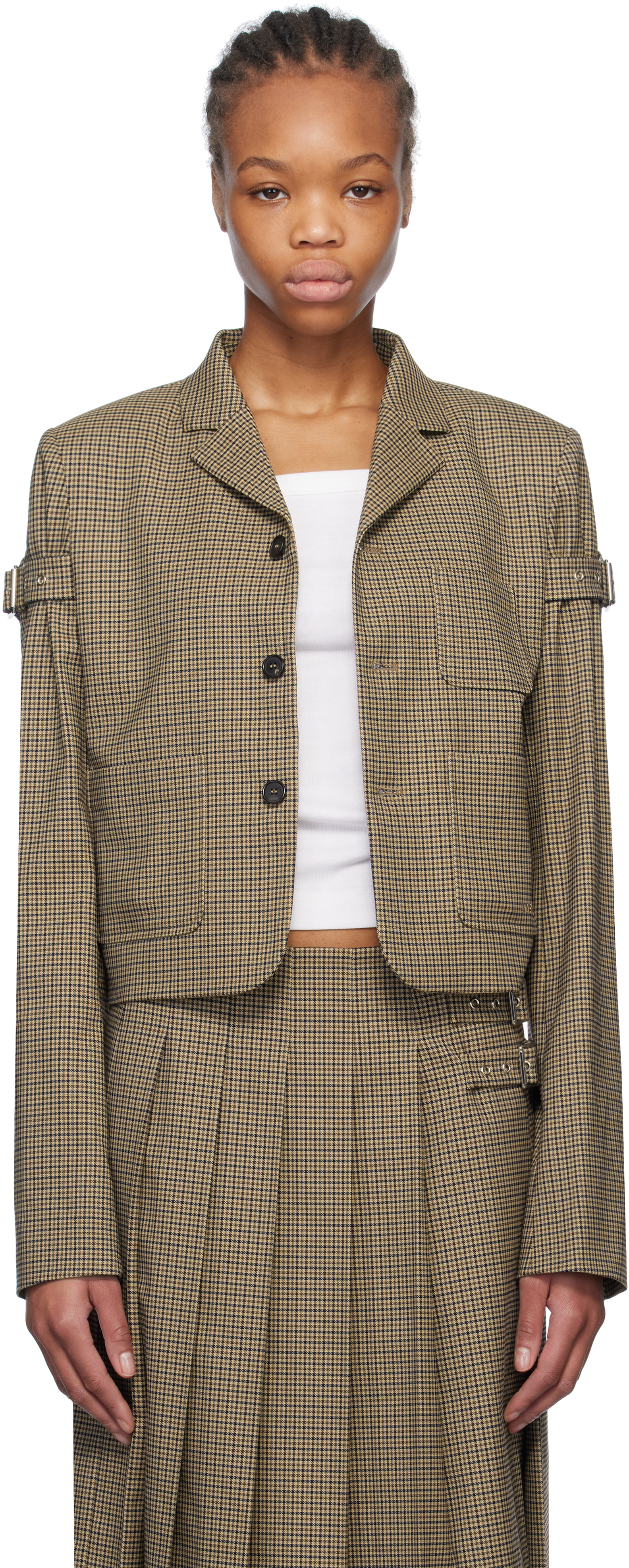 Beige Checkered Belted Blazer