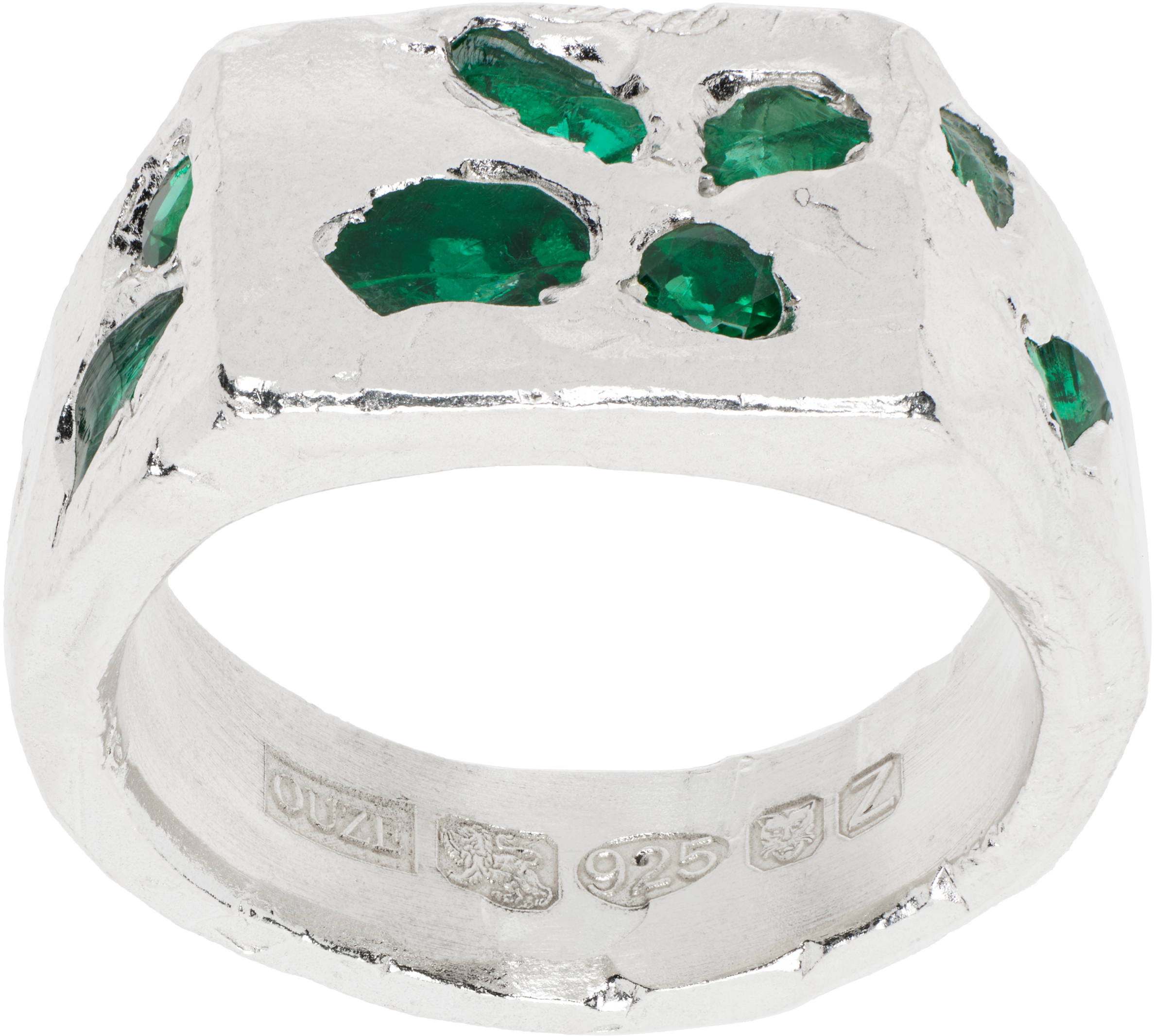 Silver Raw Emerald Scatter Signet Ring