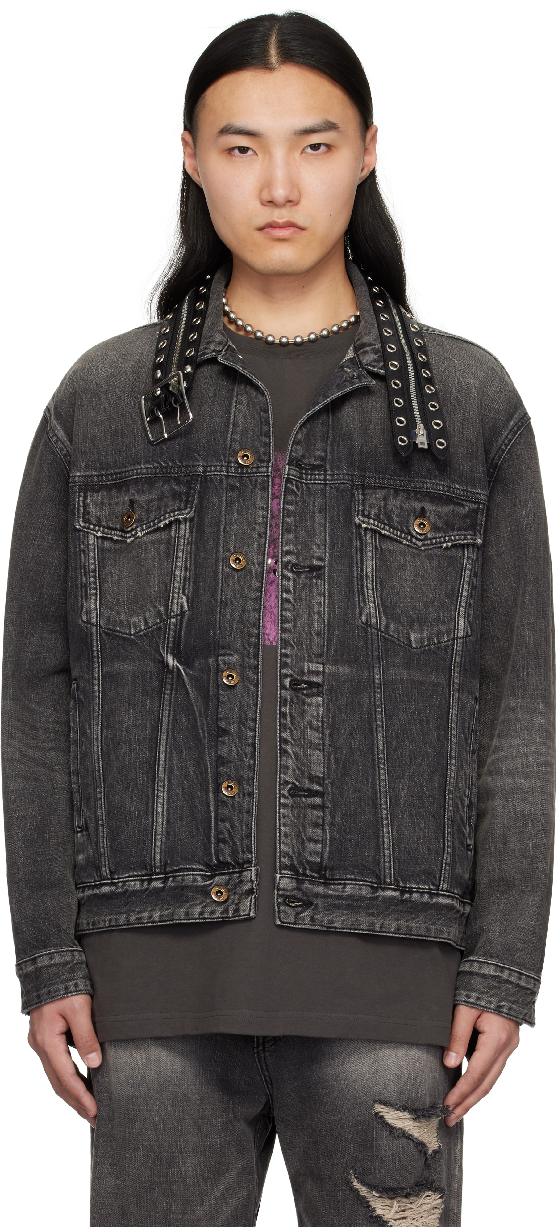 Black Belted Collar Denim Jacket