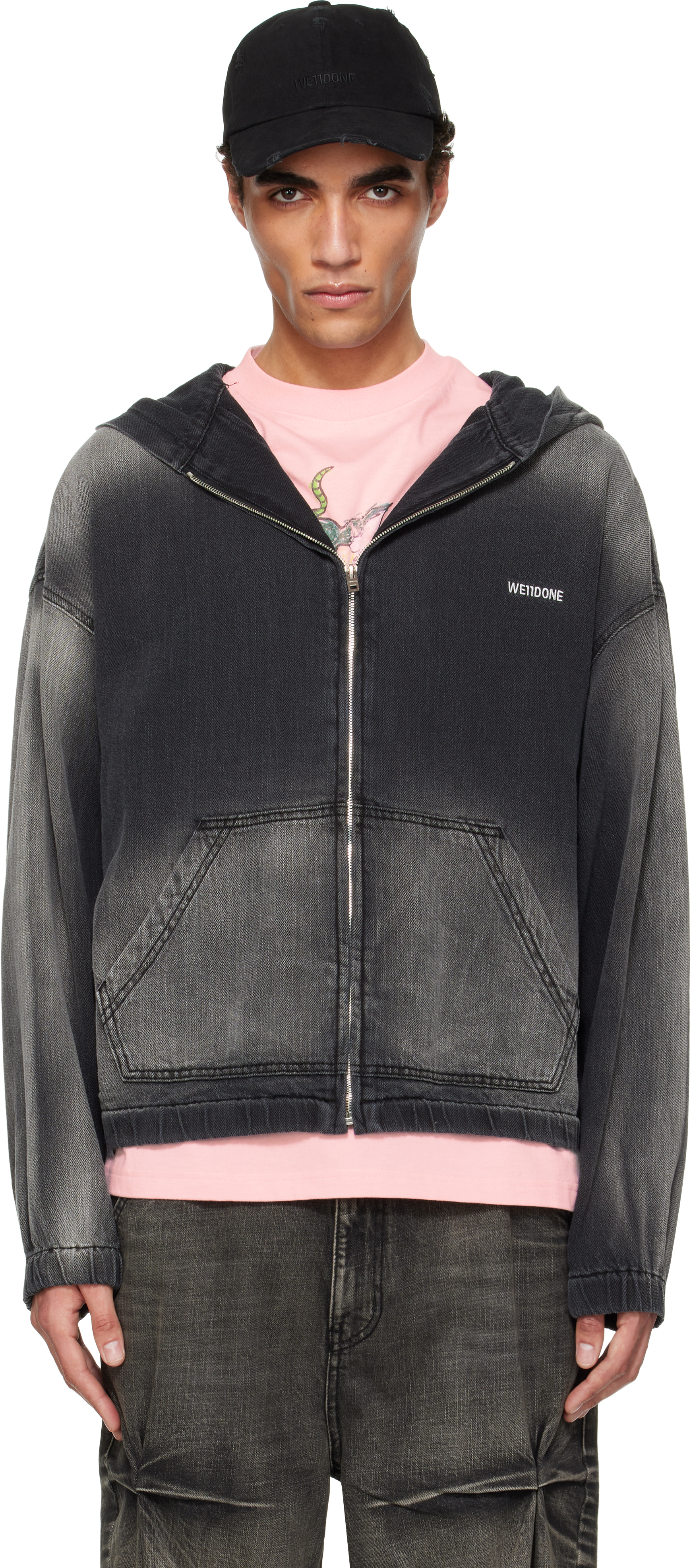 Black Zip-Up Thin Denim Hoodie