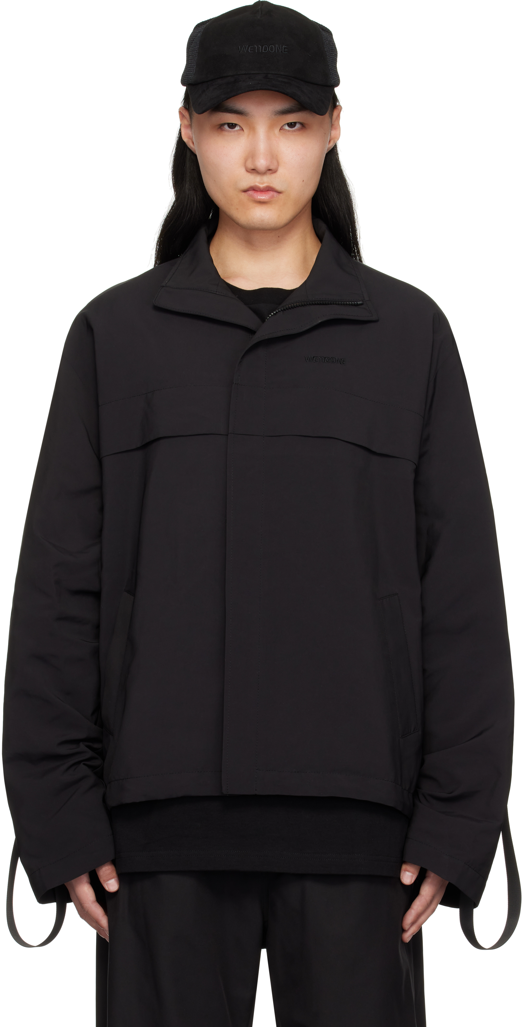 Black Strapped Windbreaker Jacket