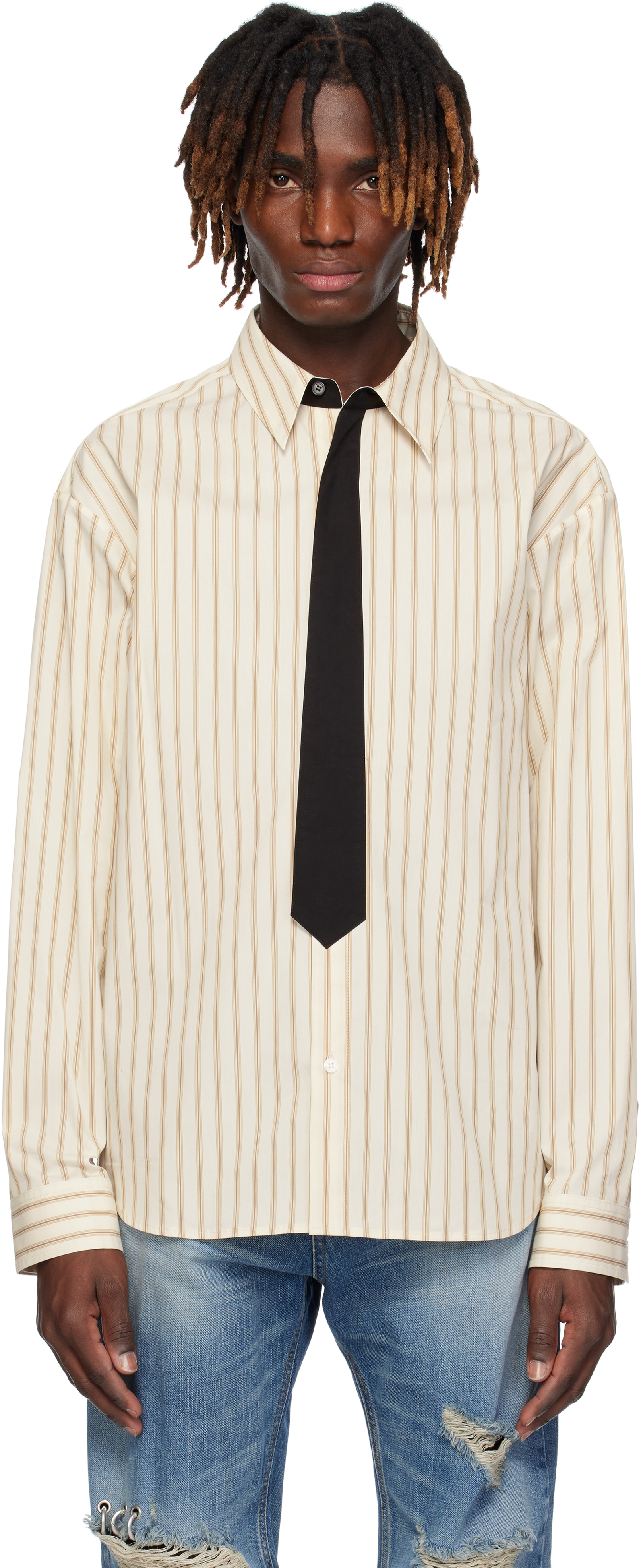 Beige Necktie Striped Shirt