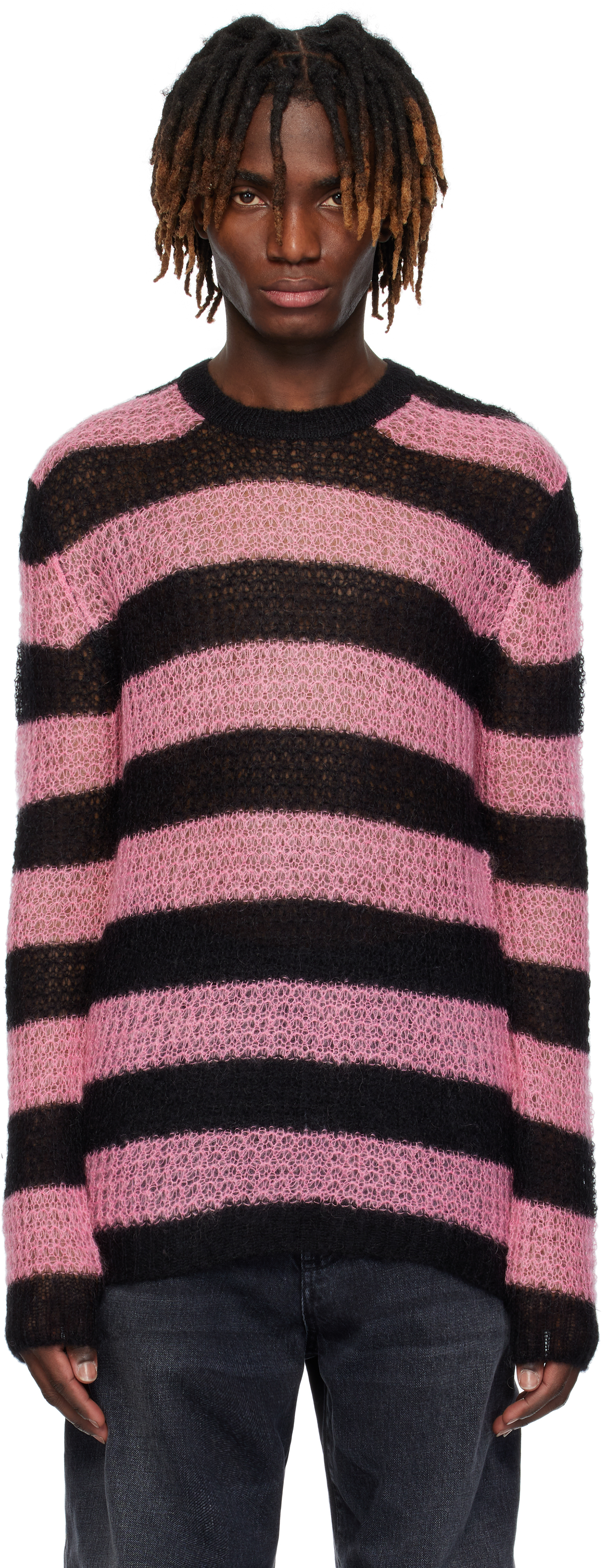 We11 Done Sheer Striped Round Neck Sweater In Pink