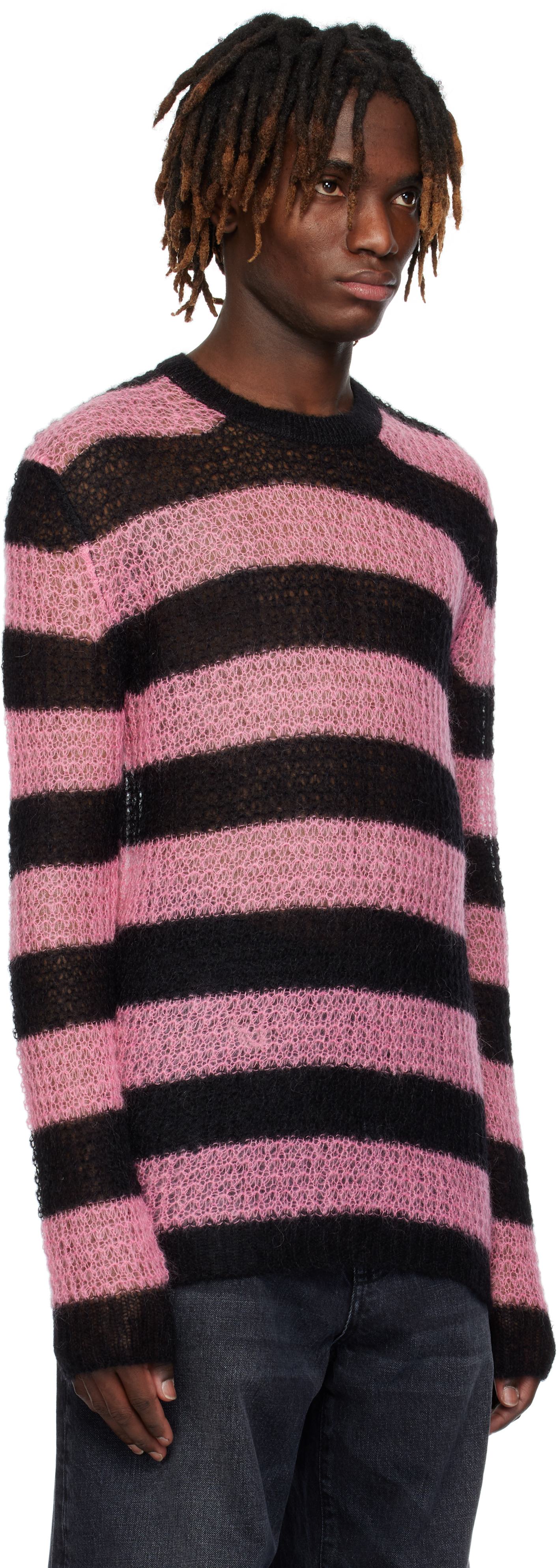 We11 Done Sheer Striped Round Neck Sweater In Pink