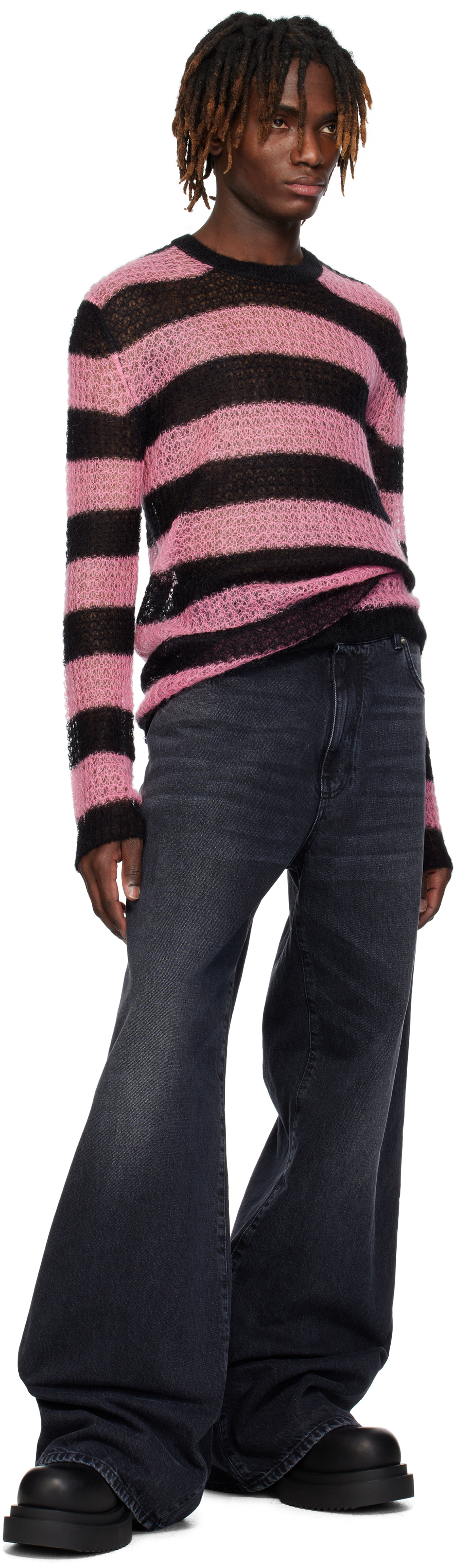 We11 Done Sheer Striped Round Neck Sweater In Pink