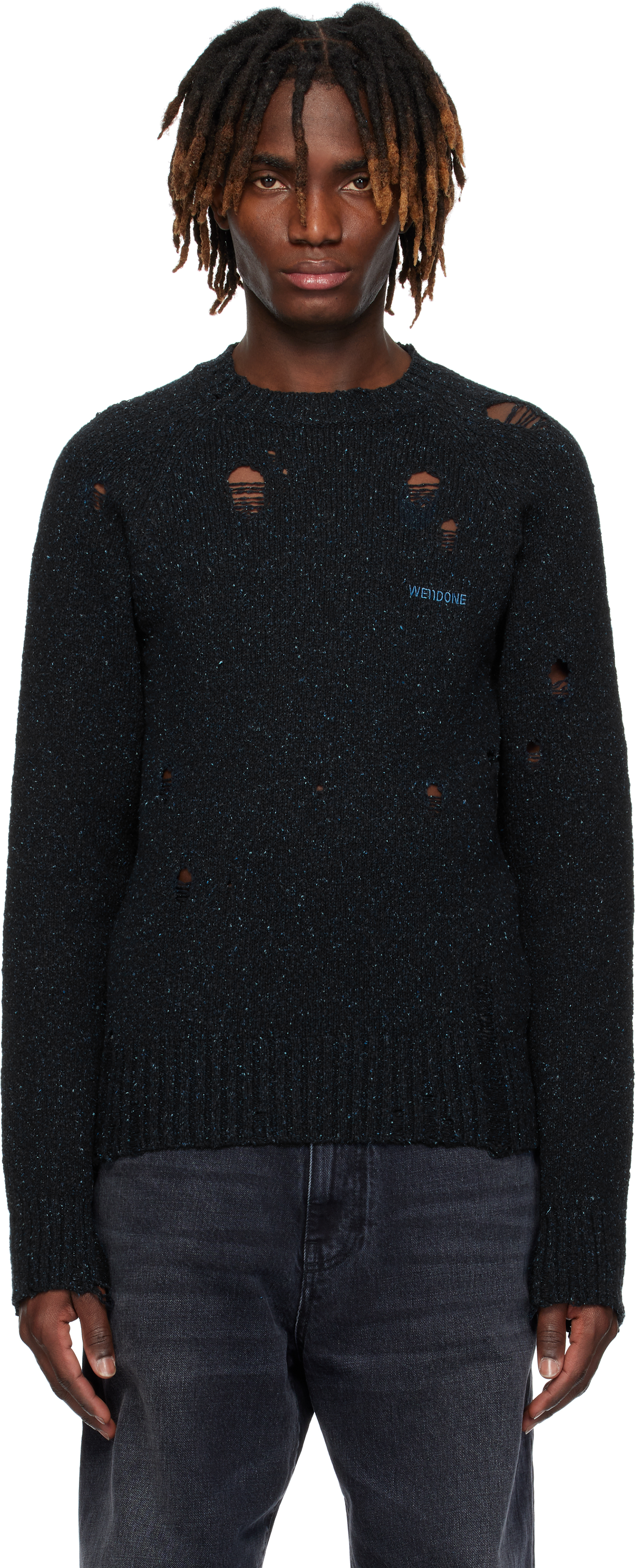 Navy Raglan-Sleeved Grunge Knit Sweater