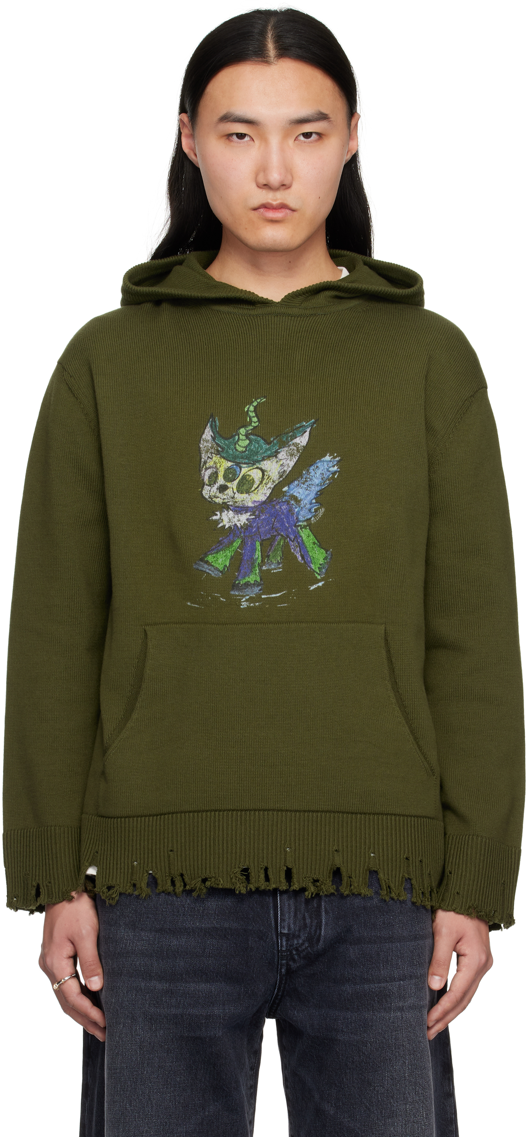 Khaki Grunge Monster Pony Knit Hoodie