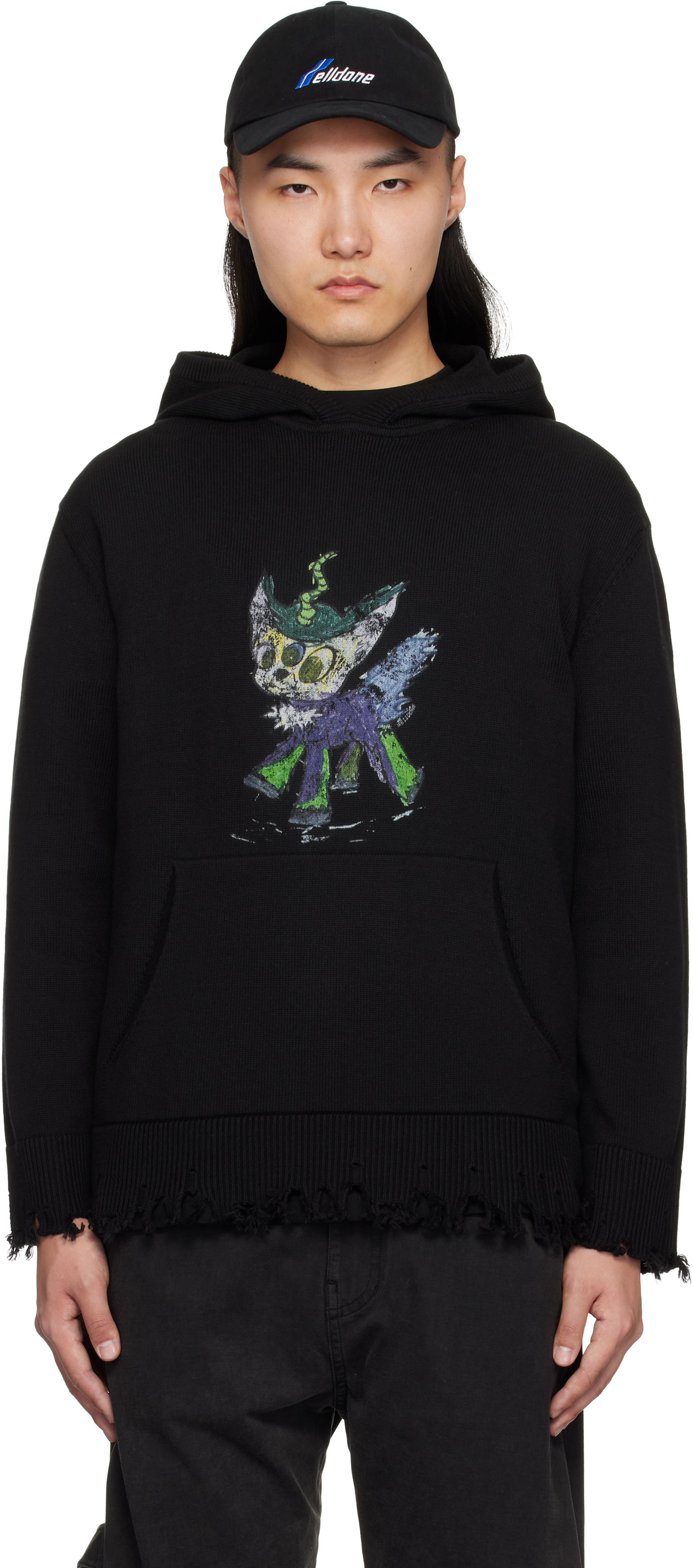 Black Grunge Monster Pony Knit Hoodie