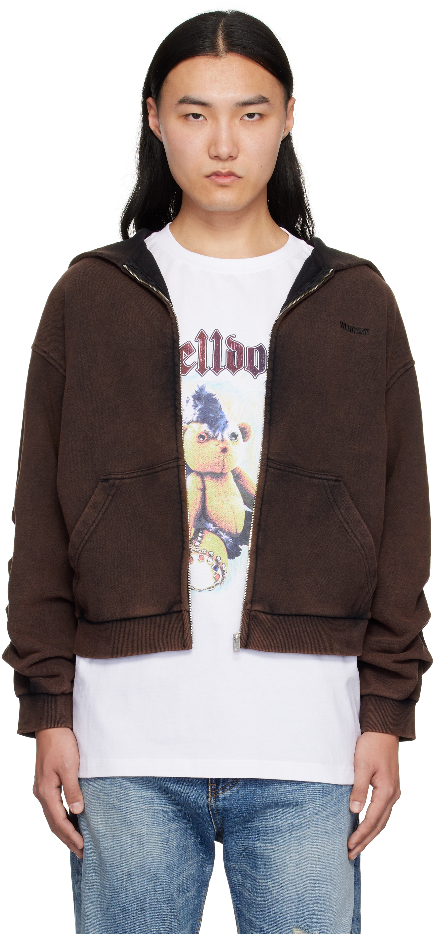 Brown Wrinkled Zip-Up Hoodie