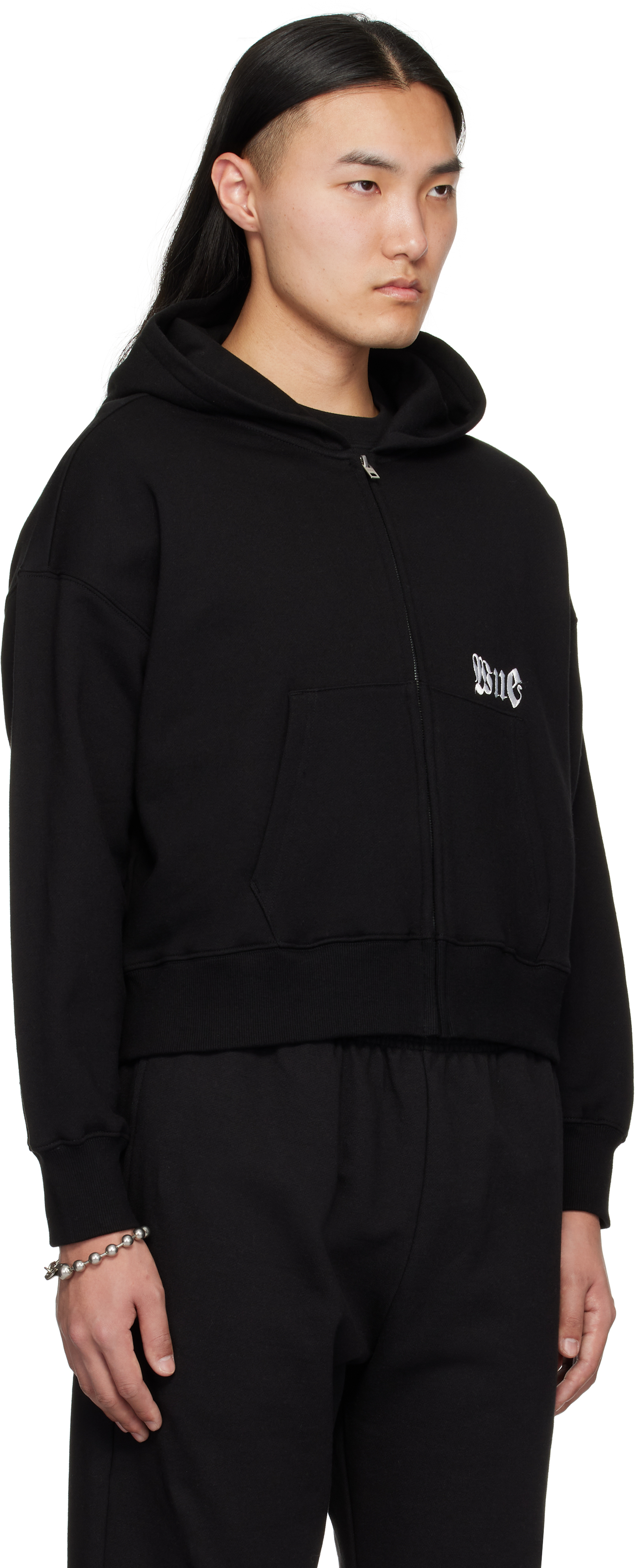We11 Done Black Logo Zip-up Hoodie In Black
