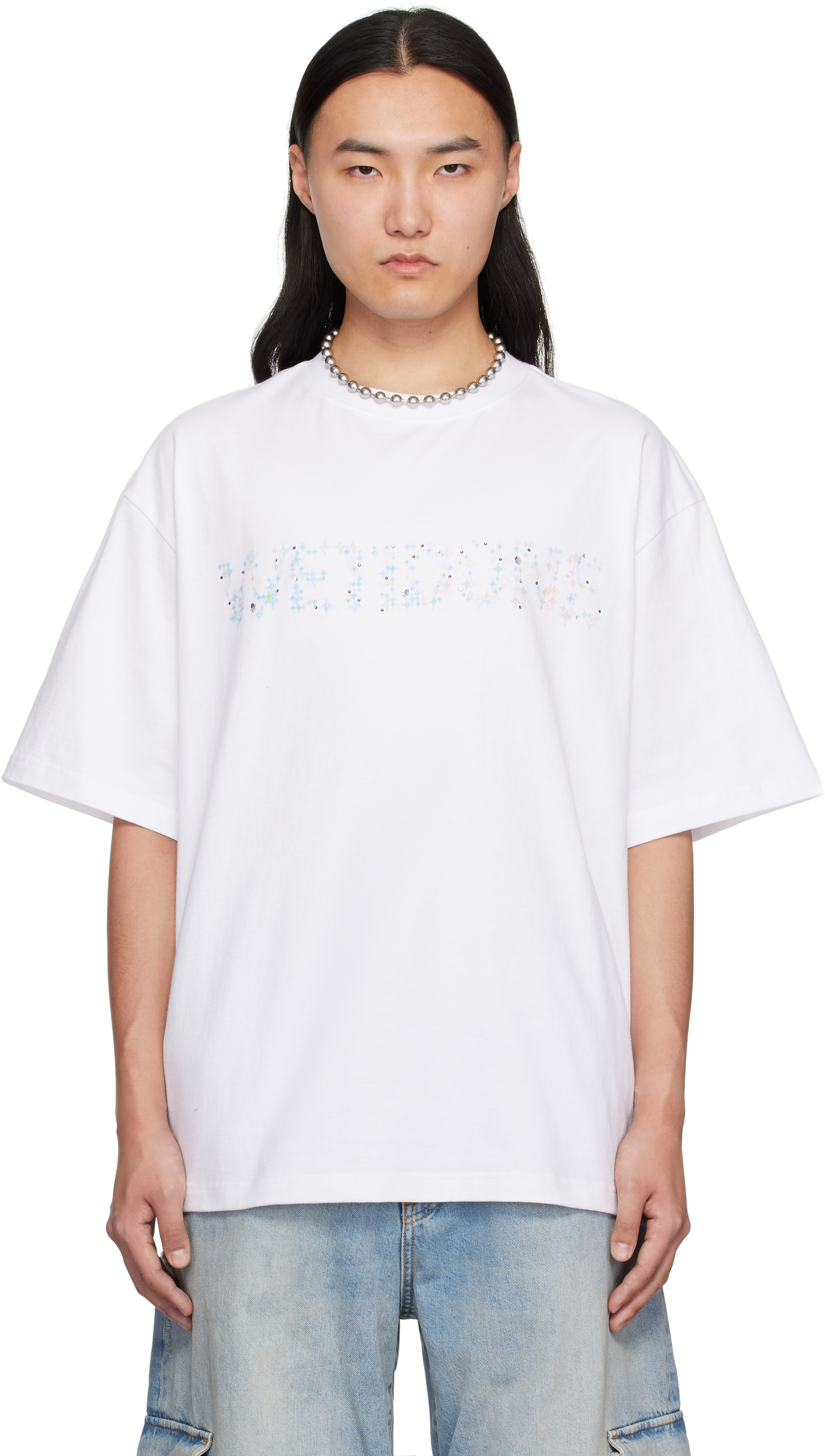 【関税込み】We11done カーキ Sparkle ロゴ Tシャツ We11done: White Sparkle Logo T-shirt | SSENSE 日本