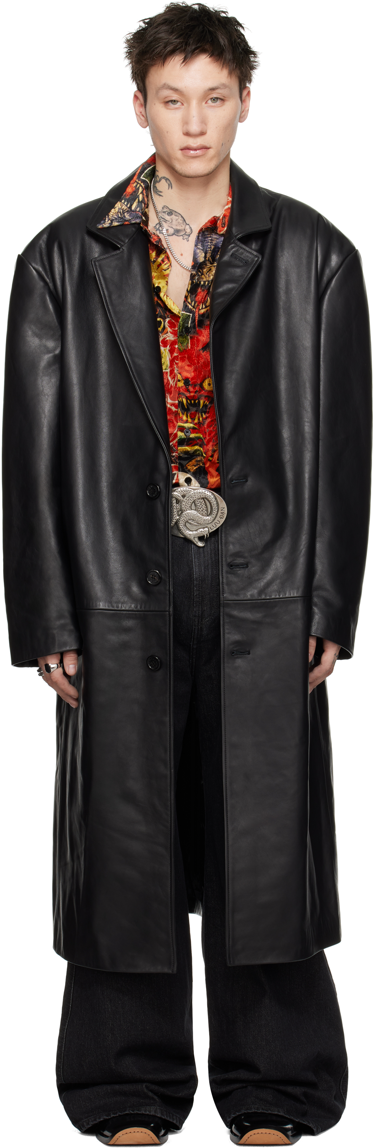 Black Crombie Leather Coat