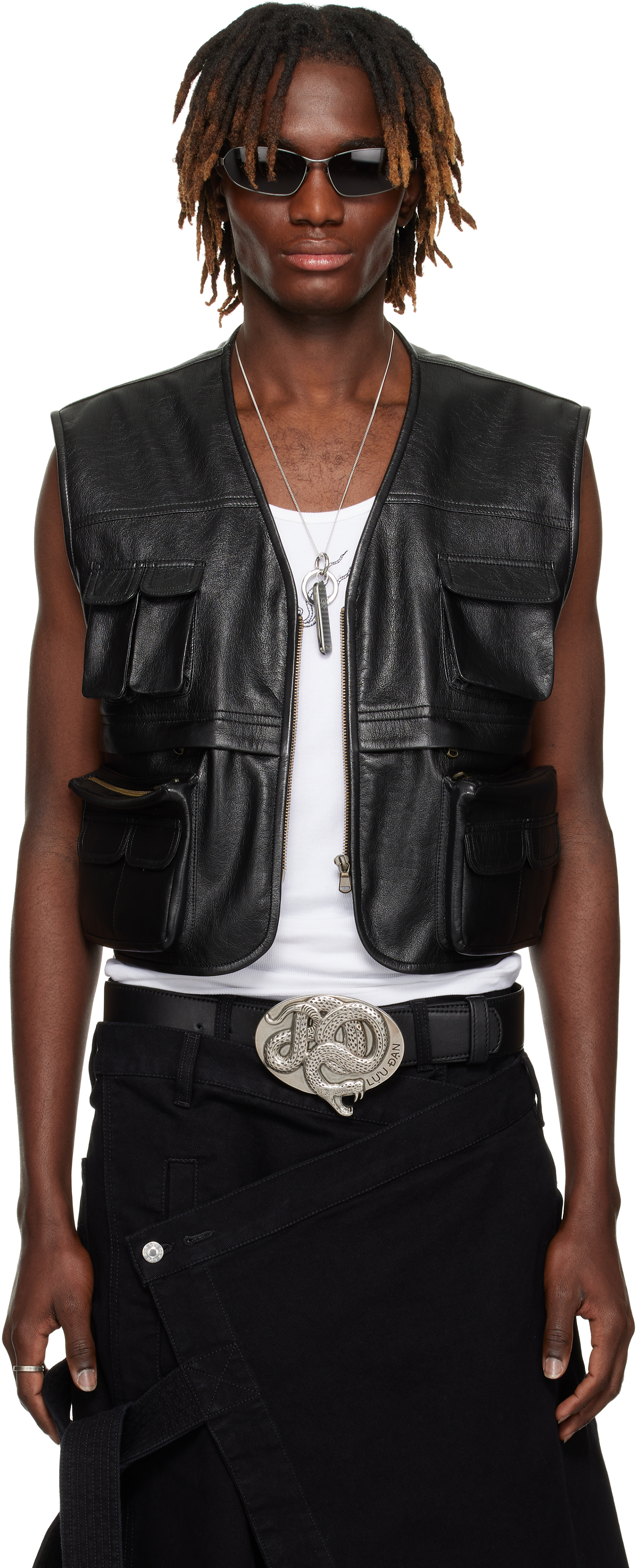 Black Cargo Faux-Leather Vest