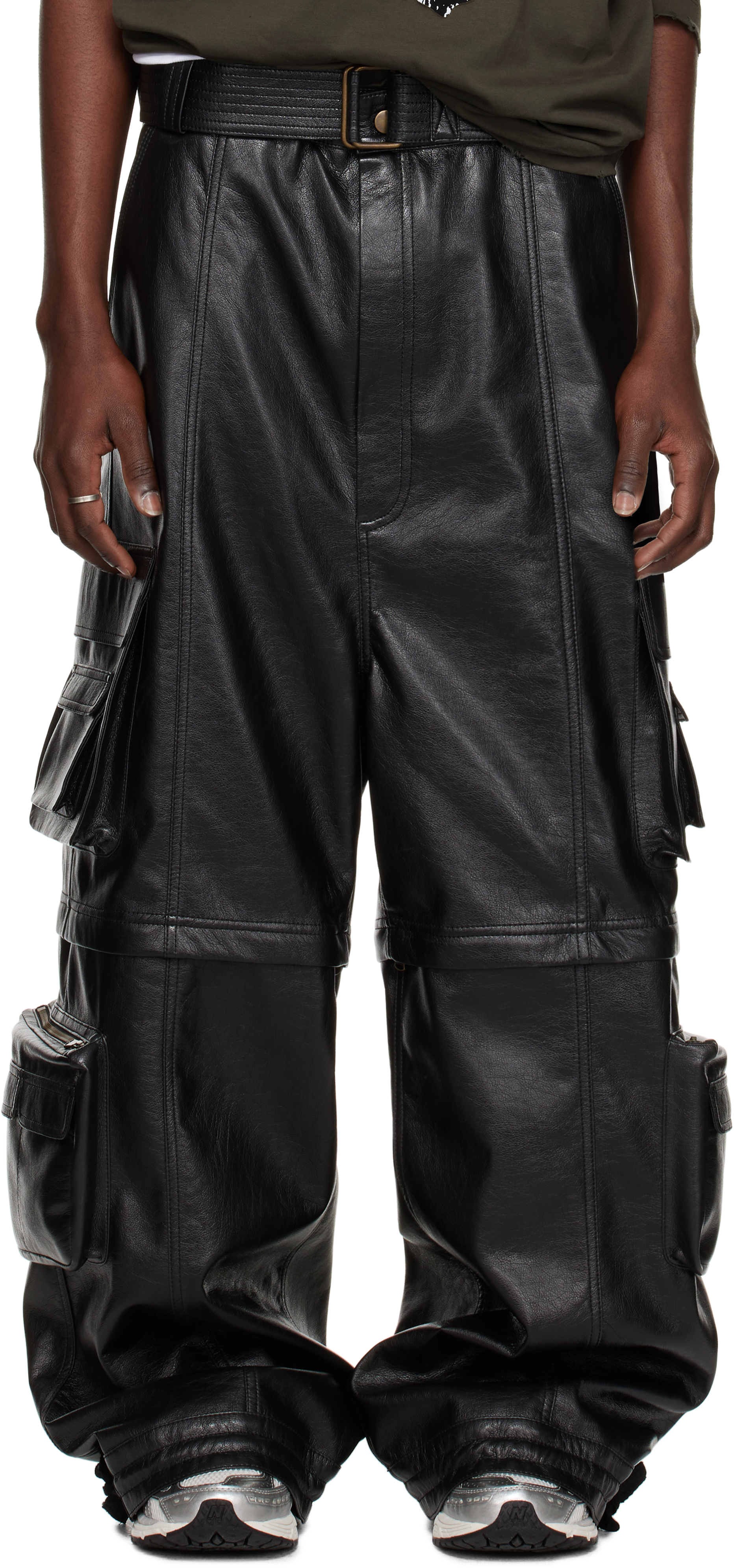 Black Belted Faux-Leather Cargo Pants