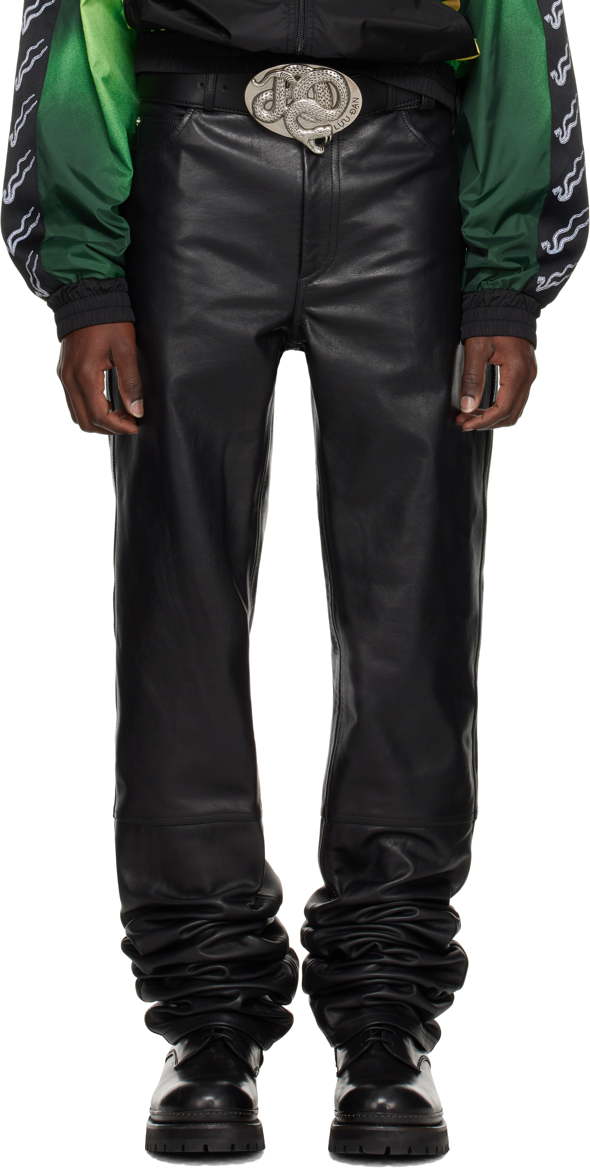 Black Stacked Straight Leg Leather Pants