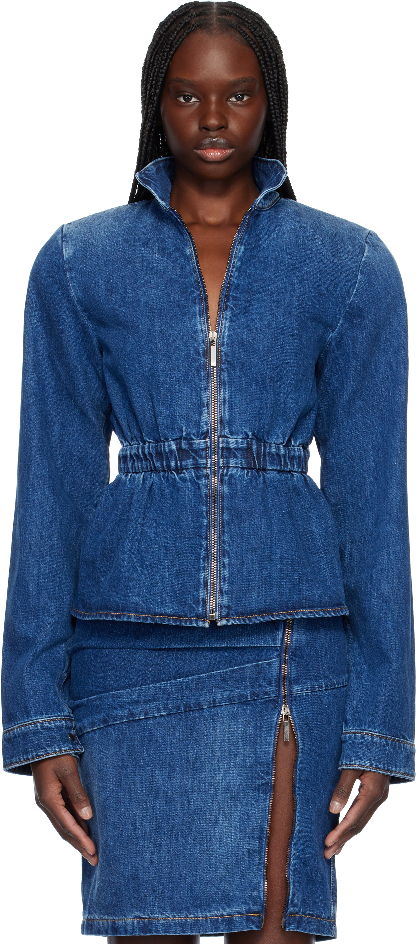 Blue Hayley Peplum Bomber Denim Jacket by Nensi Dojaka on Sale