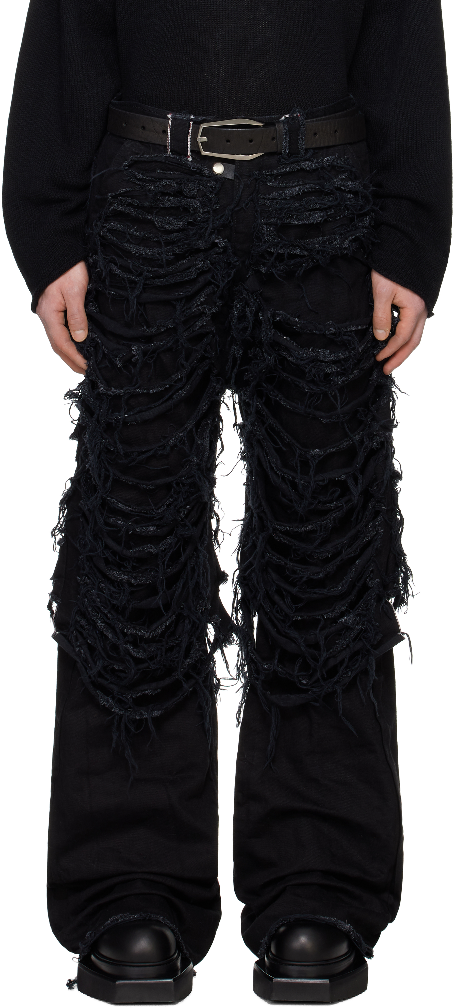 Swampgod: Black Destroyed Fisolo Jeans | SSENSE Swampgod: Black Destroyed Fisolo Jeans | SSENSE