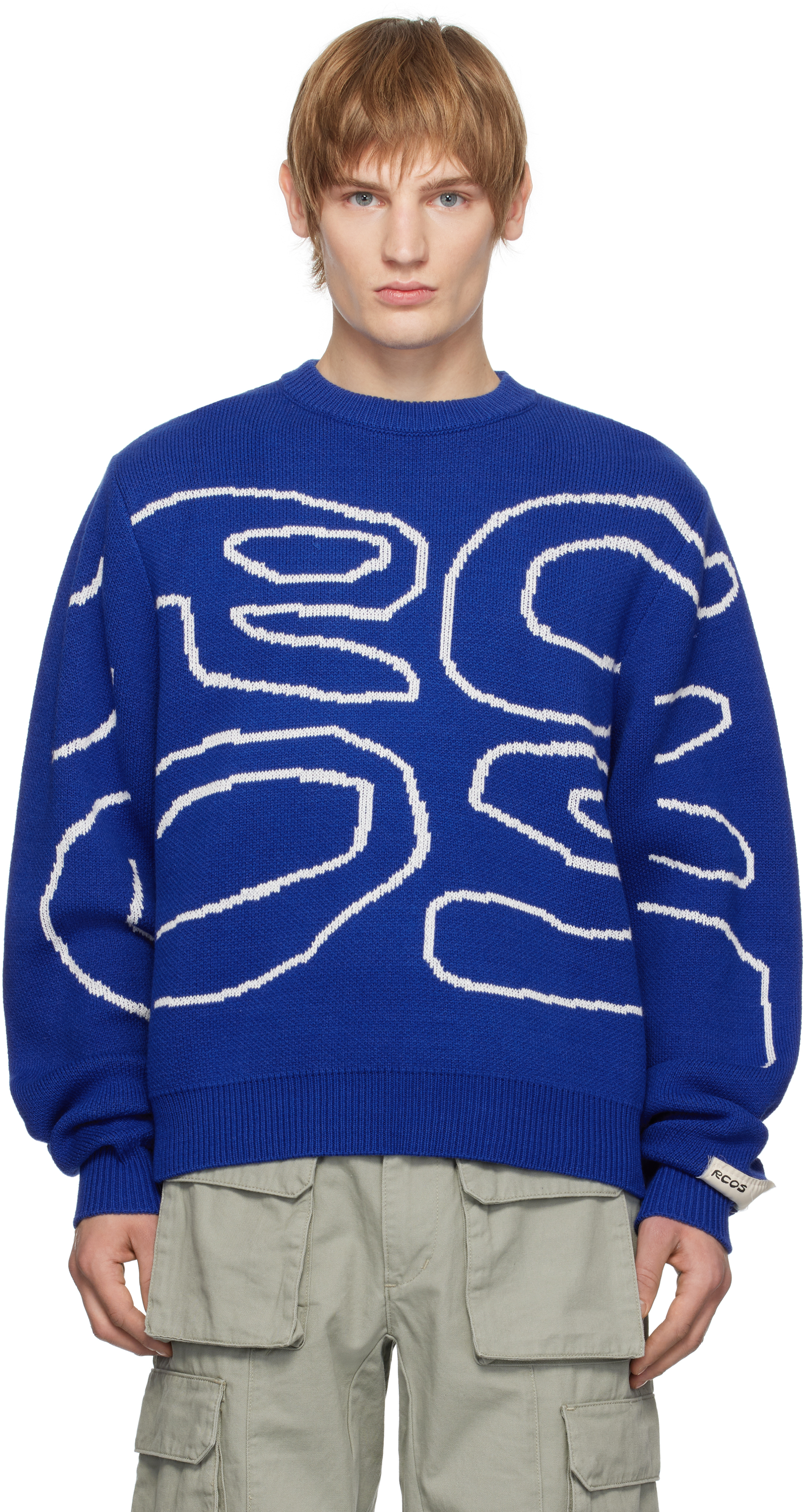 Blue Stack Logo Heavy Intarsia Knit Sweater