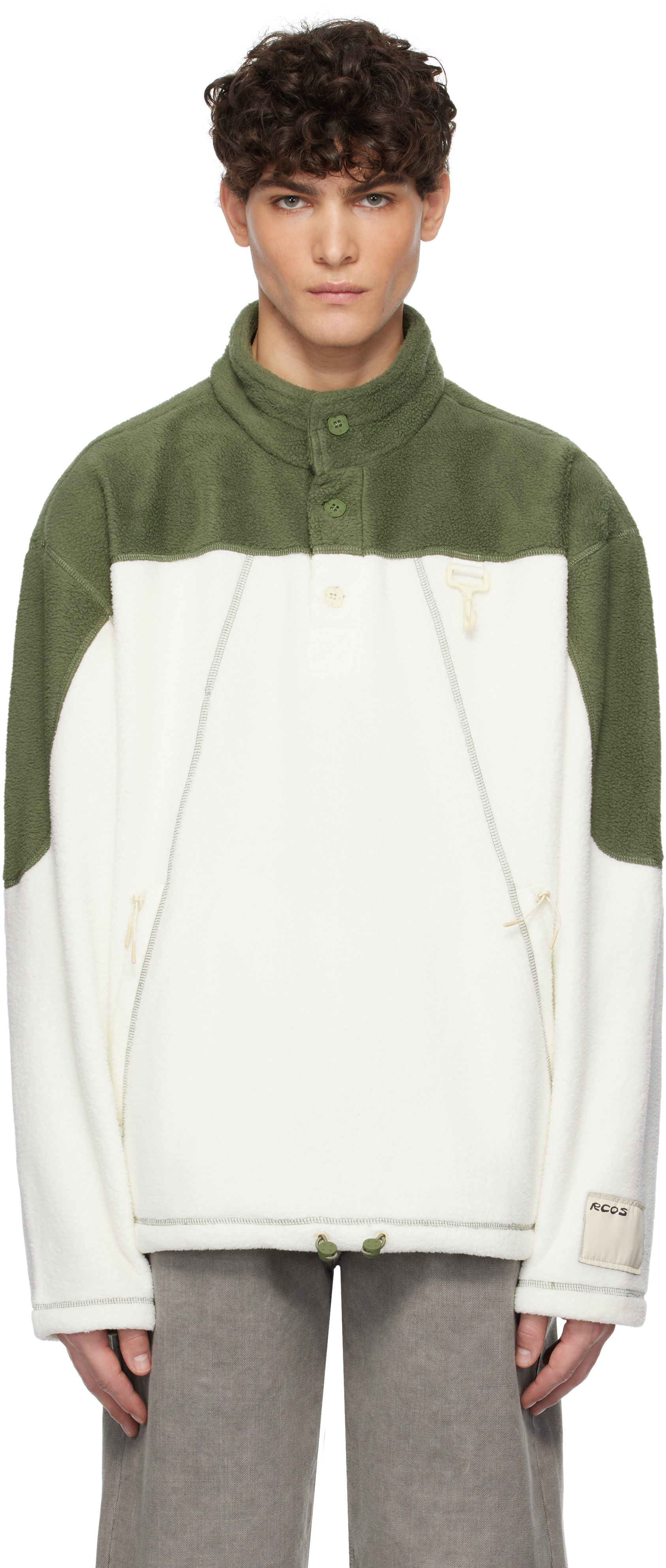 Off White & Green Sherpa Fleece Collared Jacket