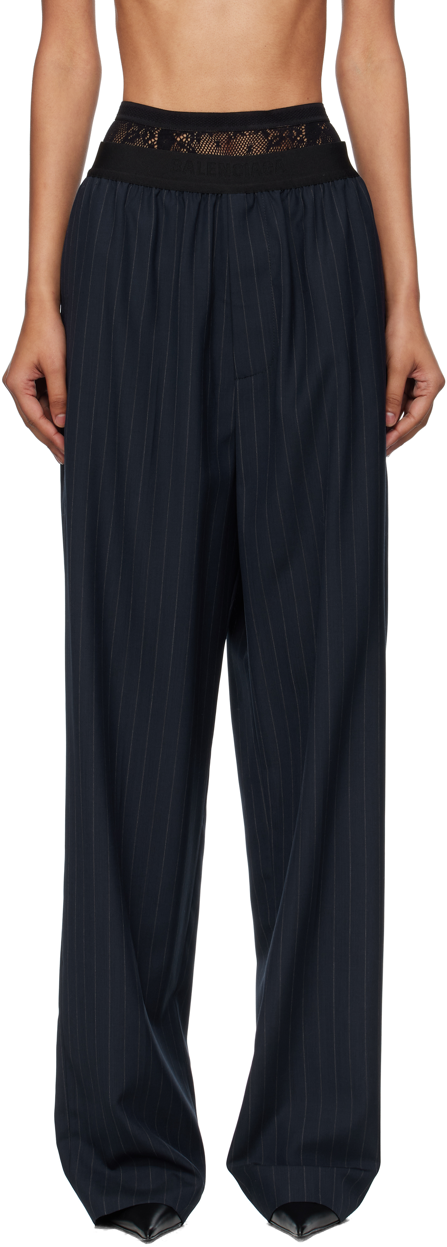 Navy Elastic Pinstripe Trousers