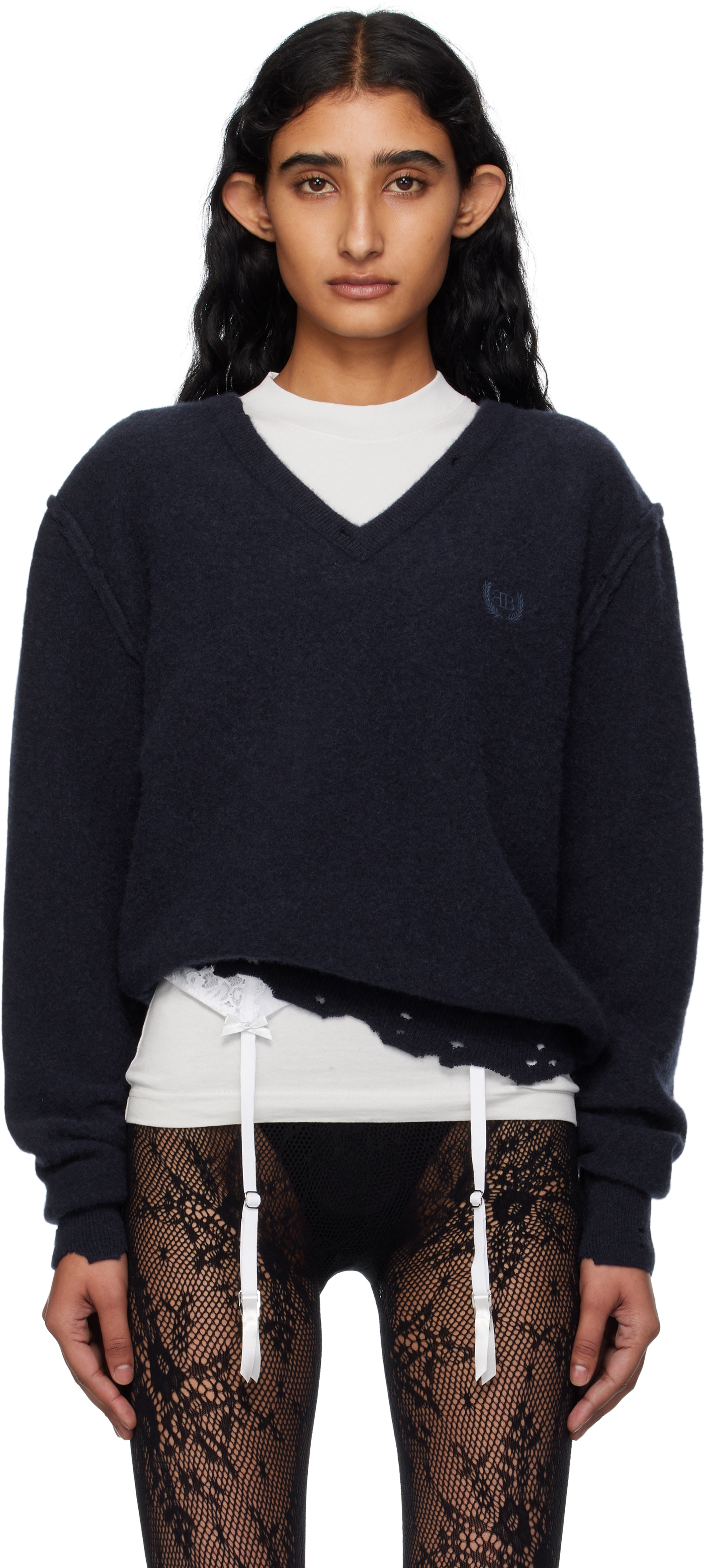 Balenciaga: Navy Laurel Classic Inside-Out V-Neck Sweater | SSENSE
