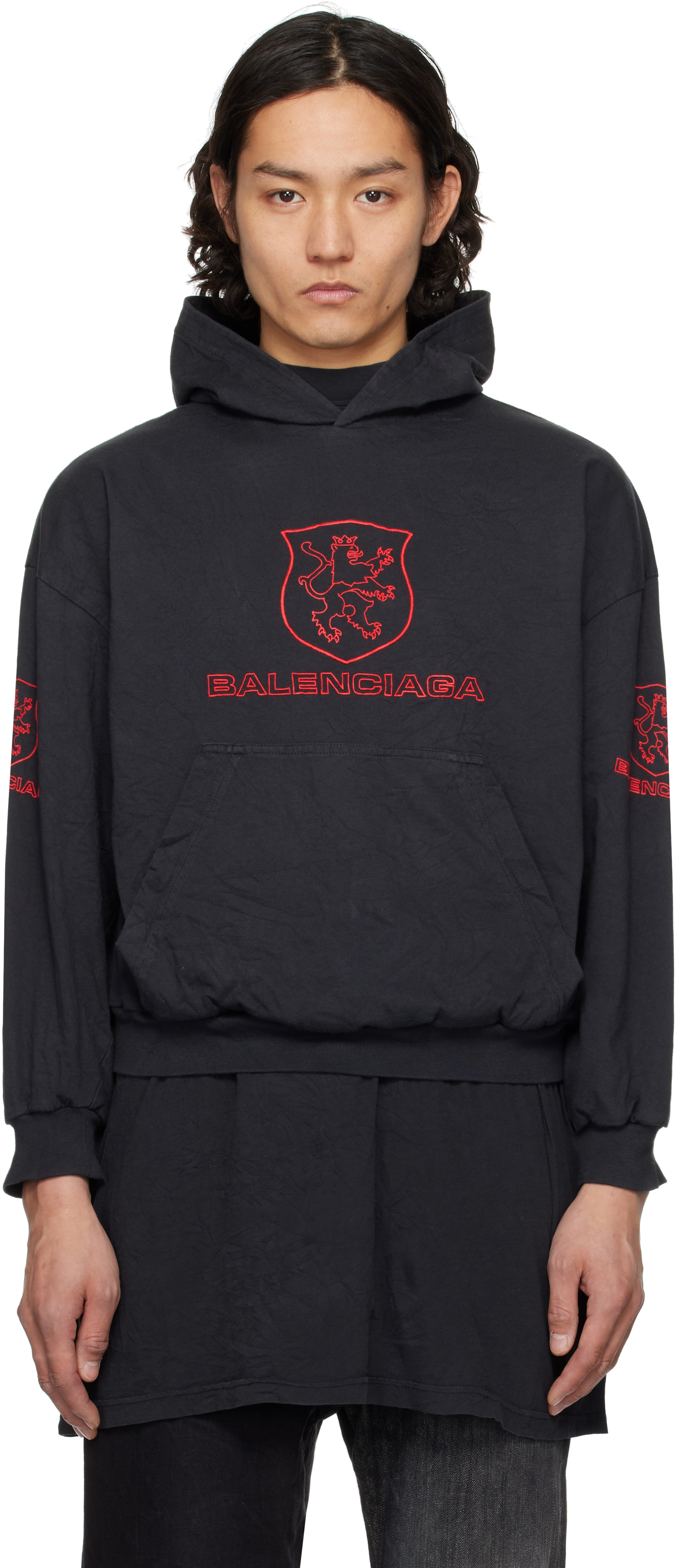 【BALENCIAGA】Lion Club ラインド Hoodie Men's Lion Club Lined Hoodie Regular Fit in Black/red
