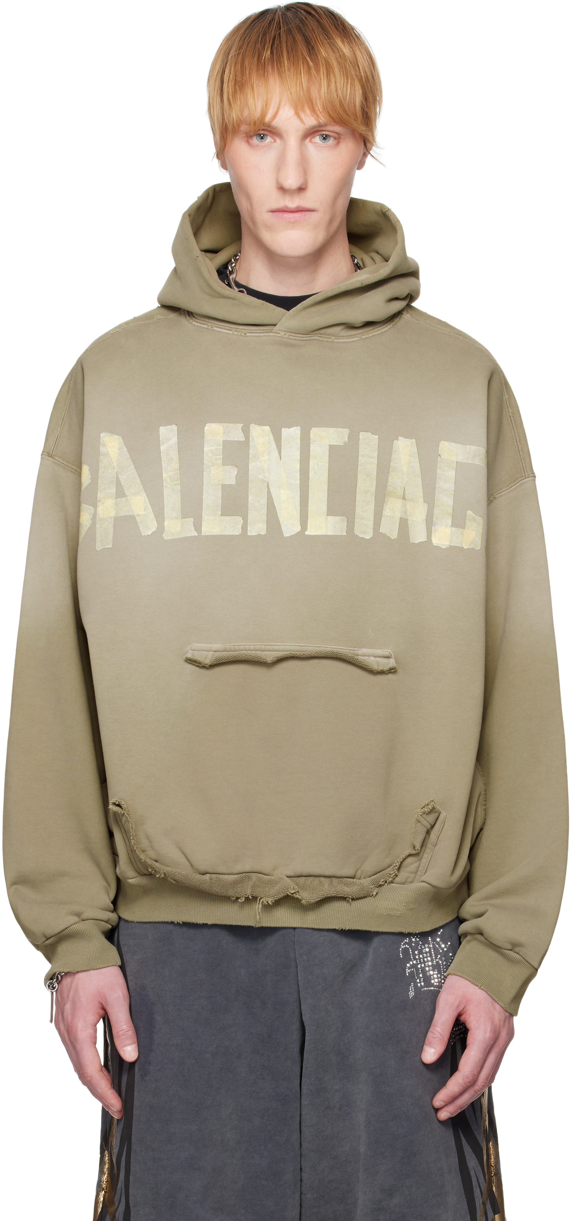 Green Tape Type Ripped Pocket Hoodie