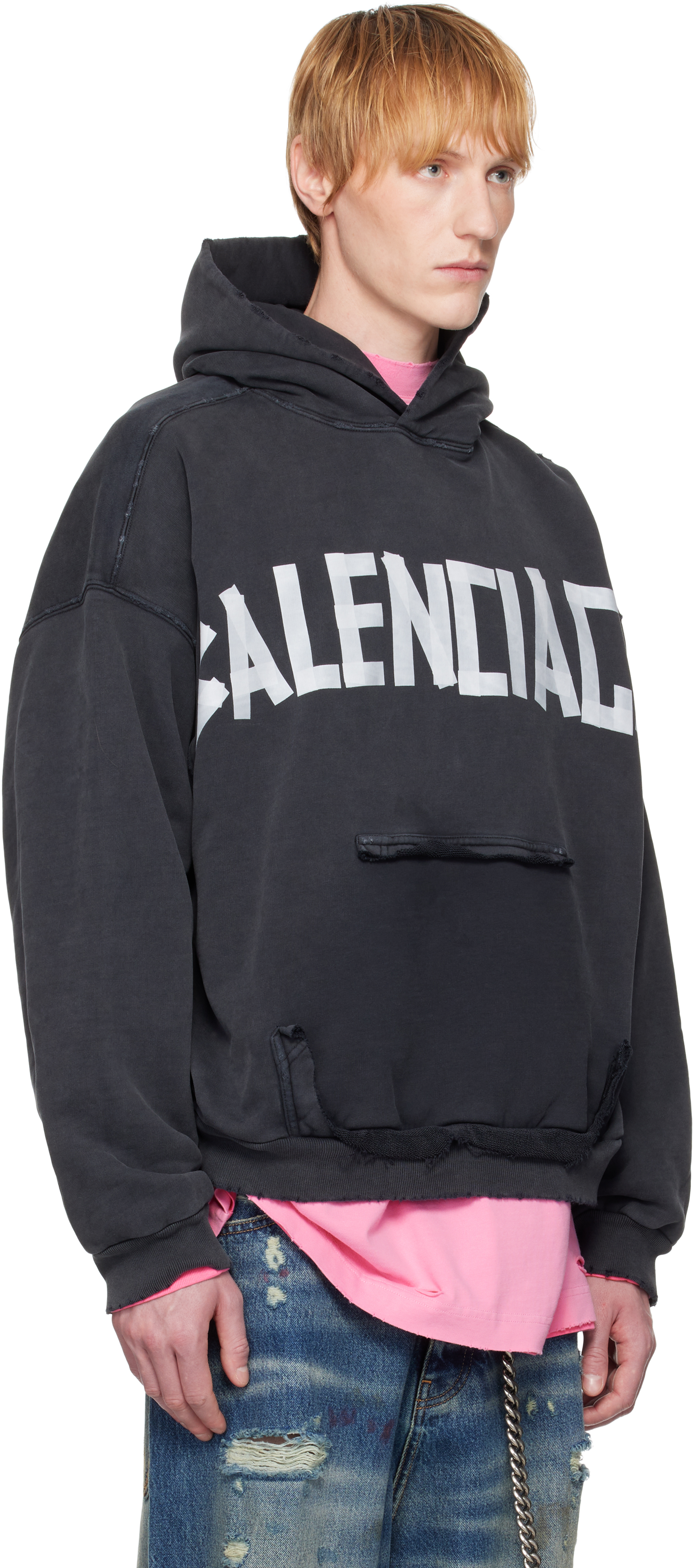 Shop Balenciaga Black Tape Type Ripped Pocket Hoodie In 1041