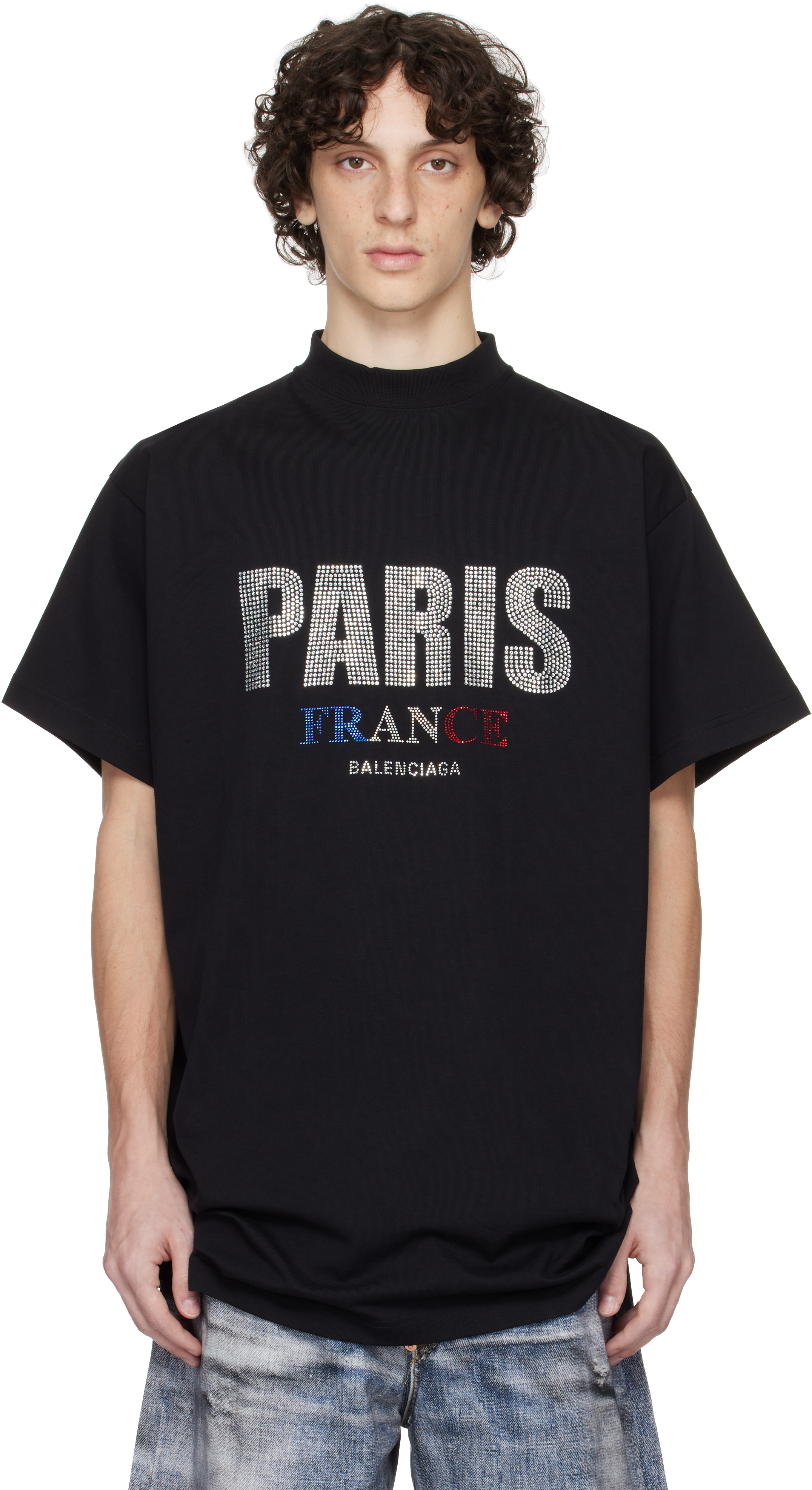 Balenciaga: Black 'Paris' Strass Vintage Jersey Oversized T