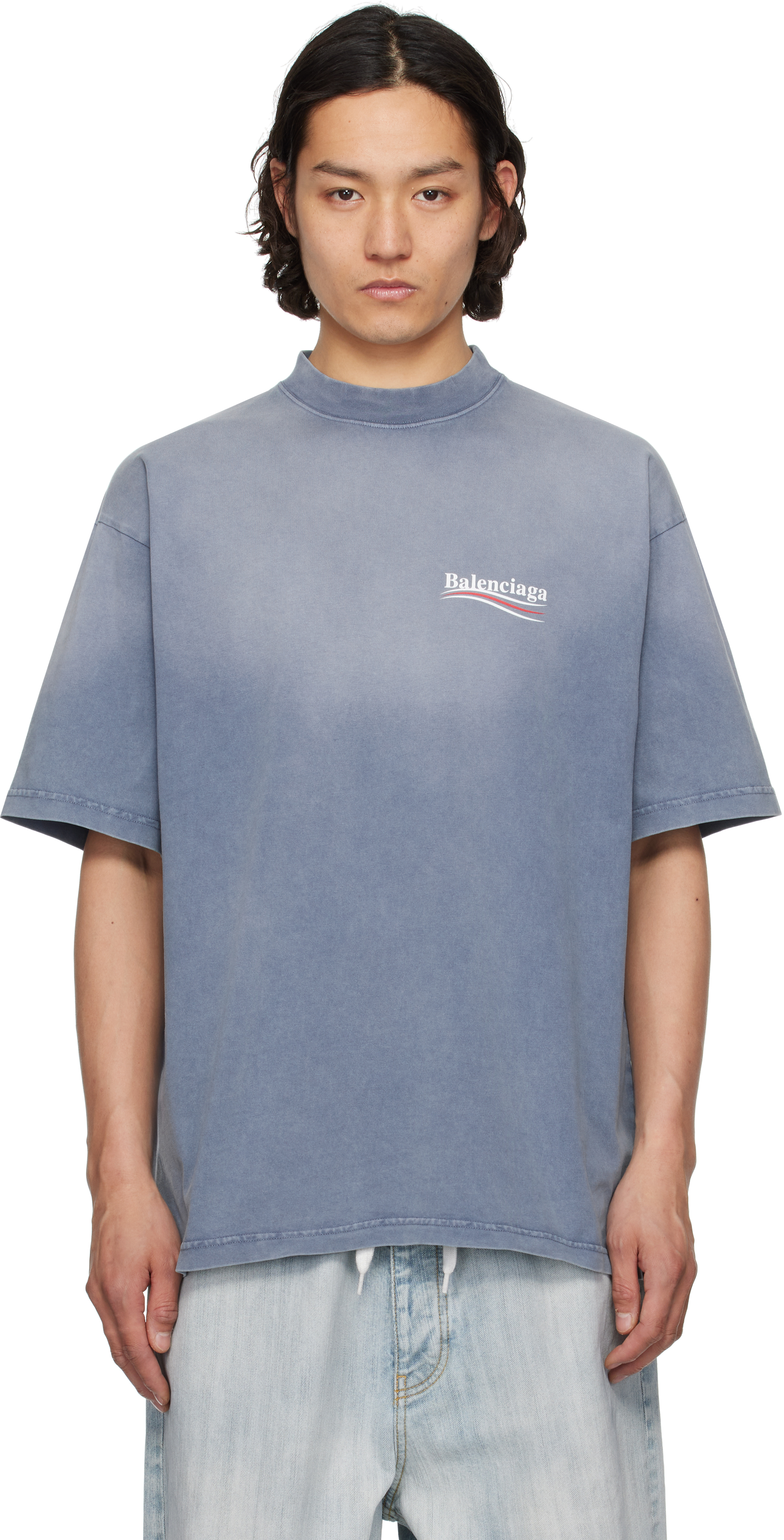 【BALENCIAGA】 ブルー Political Campaign ミディアムTシャツ Balenciaga: ブルー Political Campaign ミディアムフィット T