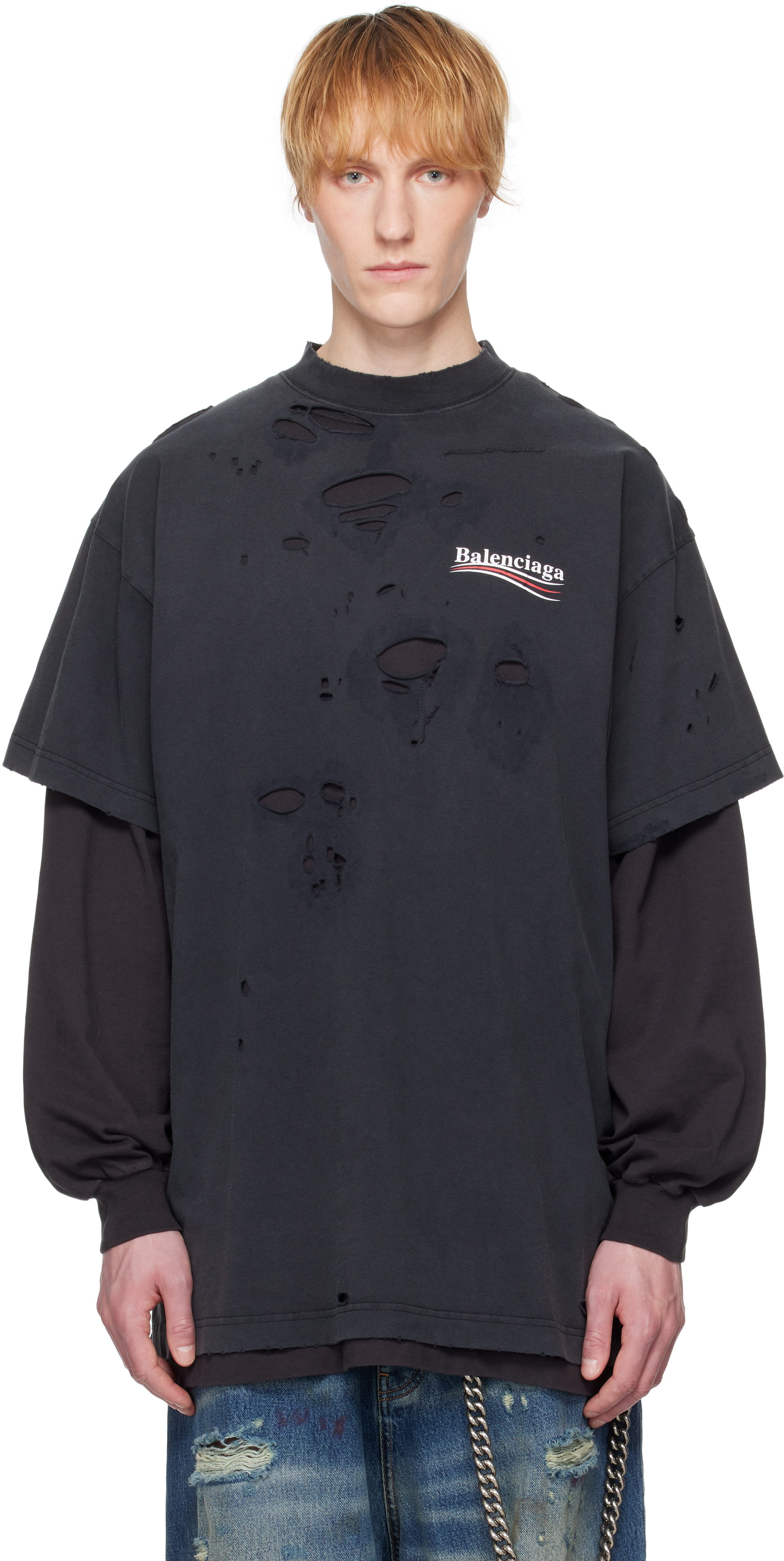 BALENCIAGA BLACK POLITICAL CAMPAIGN LONG SLEEVE LAYERED T-SHIRT
