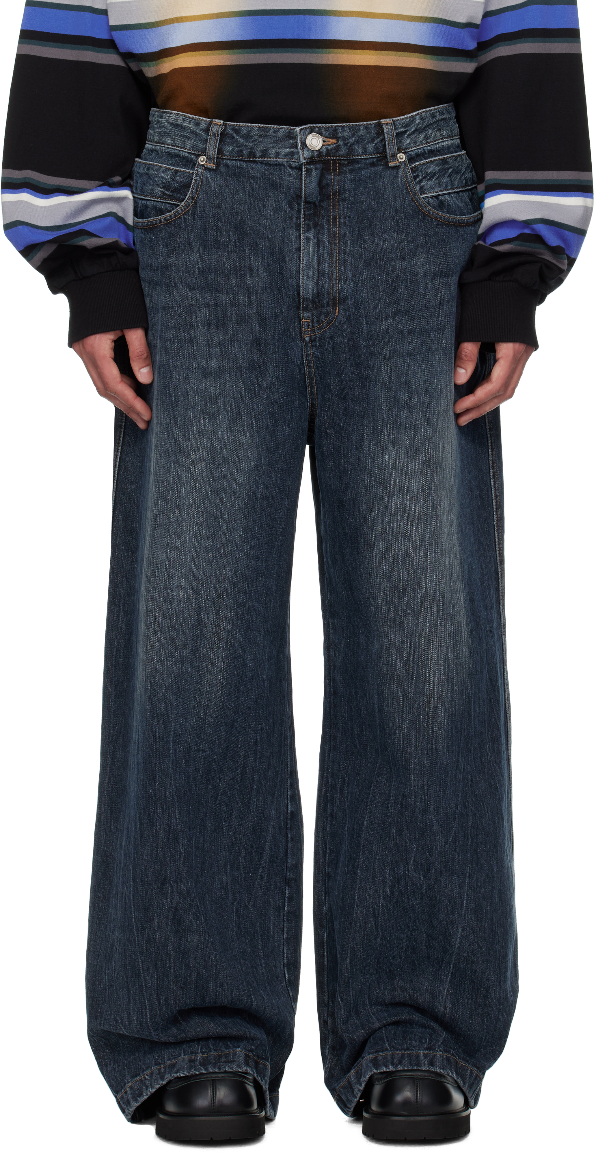 Juun. J Blue Washed Double Waist Jeans