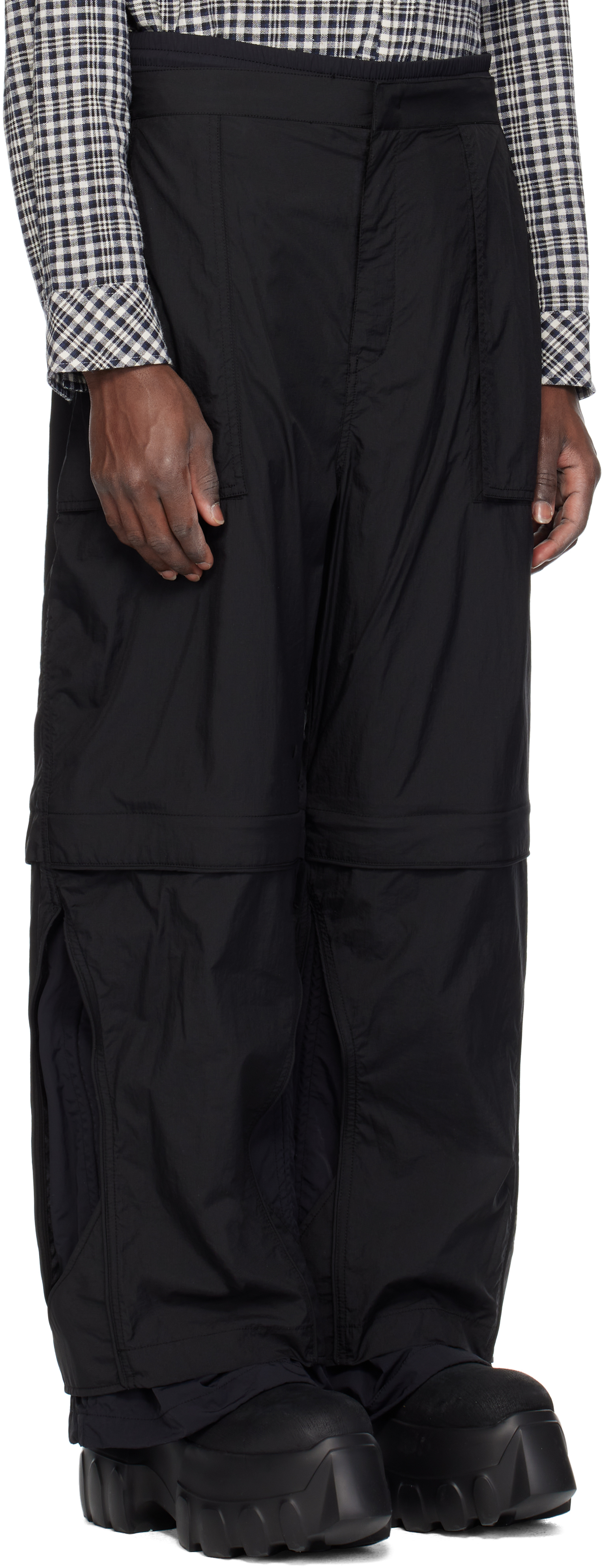 JUUNJ BLACK NYLON LAYERED TROUSERS