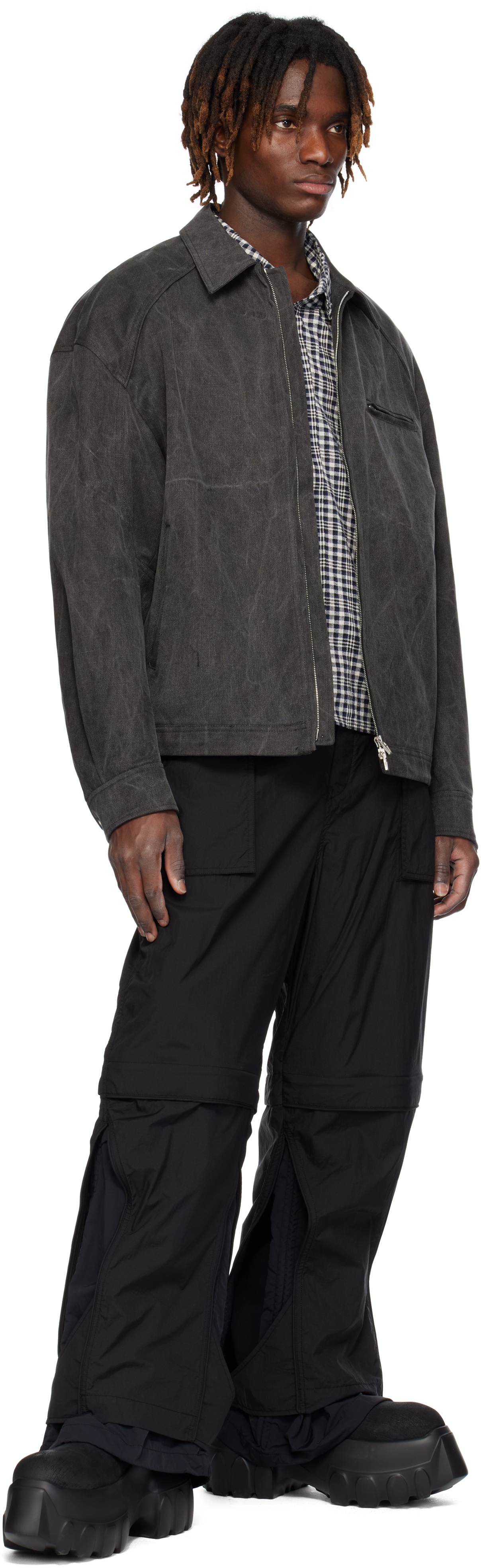 JUUNJ BLACK NYLON LAYERED TROUSERS