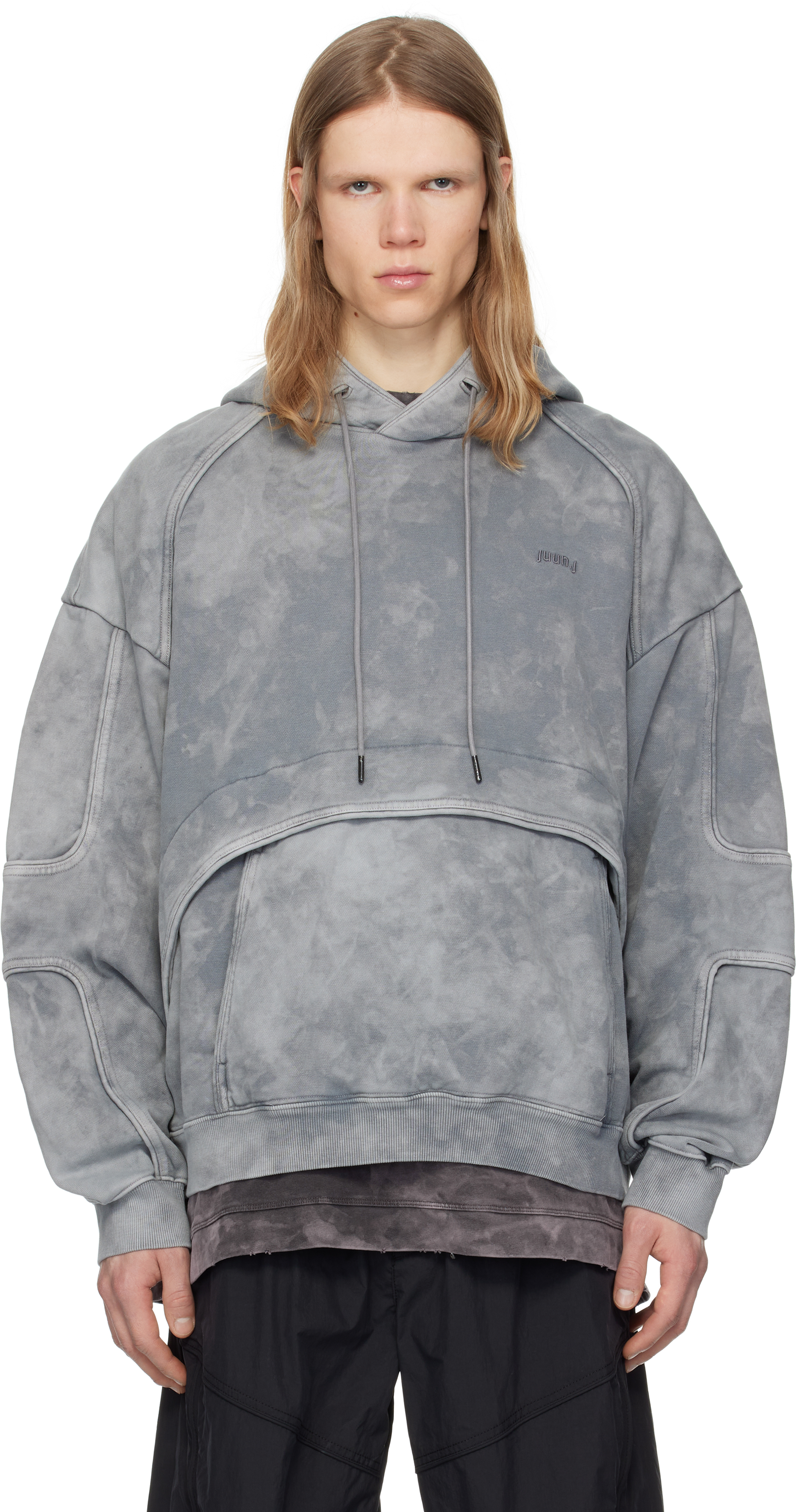 Juun.J: Gray Racer Patched Dyed Hoodie | SSENSE